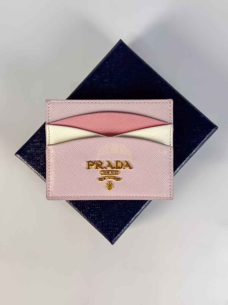 Saffiano Lux Card Holder in Light Pink Leather & Gold Hardware | Purse Maison Luxury Bags Shop
