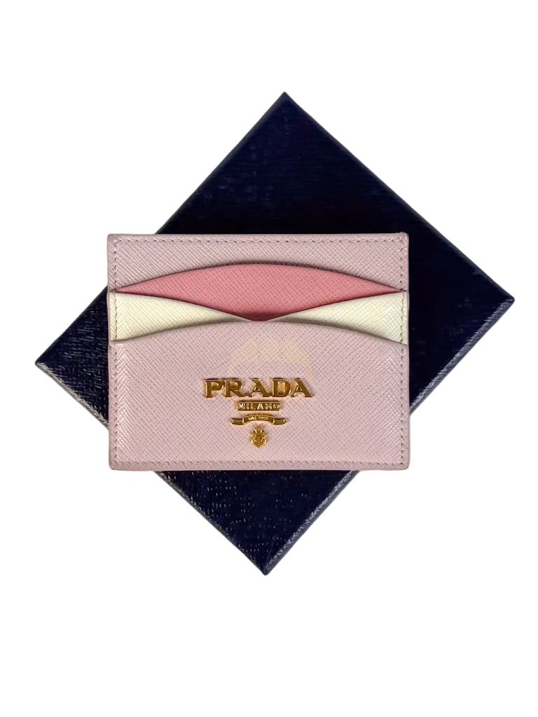 Saffiano Lux Card Holder in Light Pink Leather & Gold Hardware | Purse Maison Luxury Bags Shop