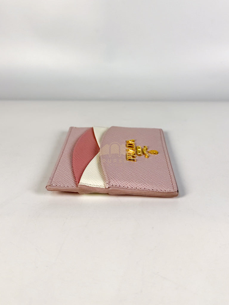 Saffiano Lux Card Holder in Light Pink Leather & Gold Hardware | Purse Maison Luxury Bags Shop