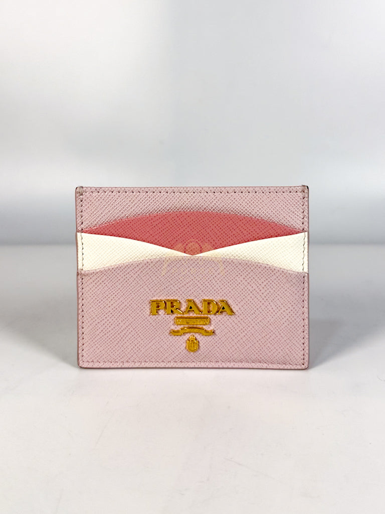 Saffiano Lux Card Holder in Light Pink Leather & Gold Hardware | Purse Maison Luxury Bags Shop
