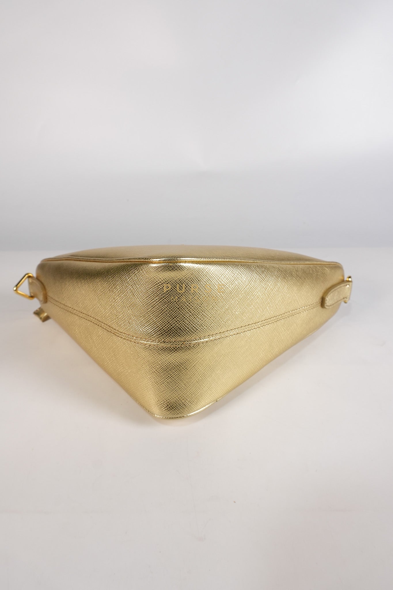 Saffiano Lux Triangle Shoulder Bag Platino in Gold | Purse Maison Luxury Bags Shop
