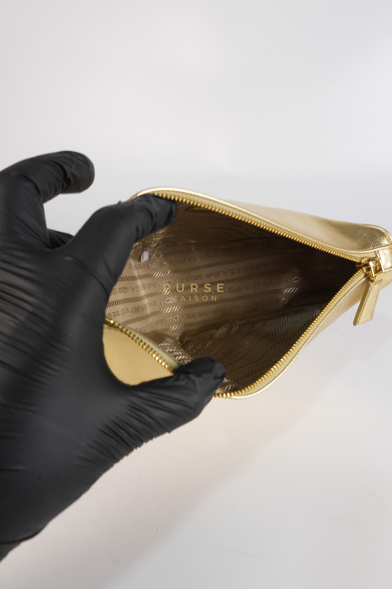 Saffiano Lux Triangle Shoulder Bag Platino in Gold | Purse Maison Luxury Bags Shop