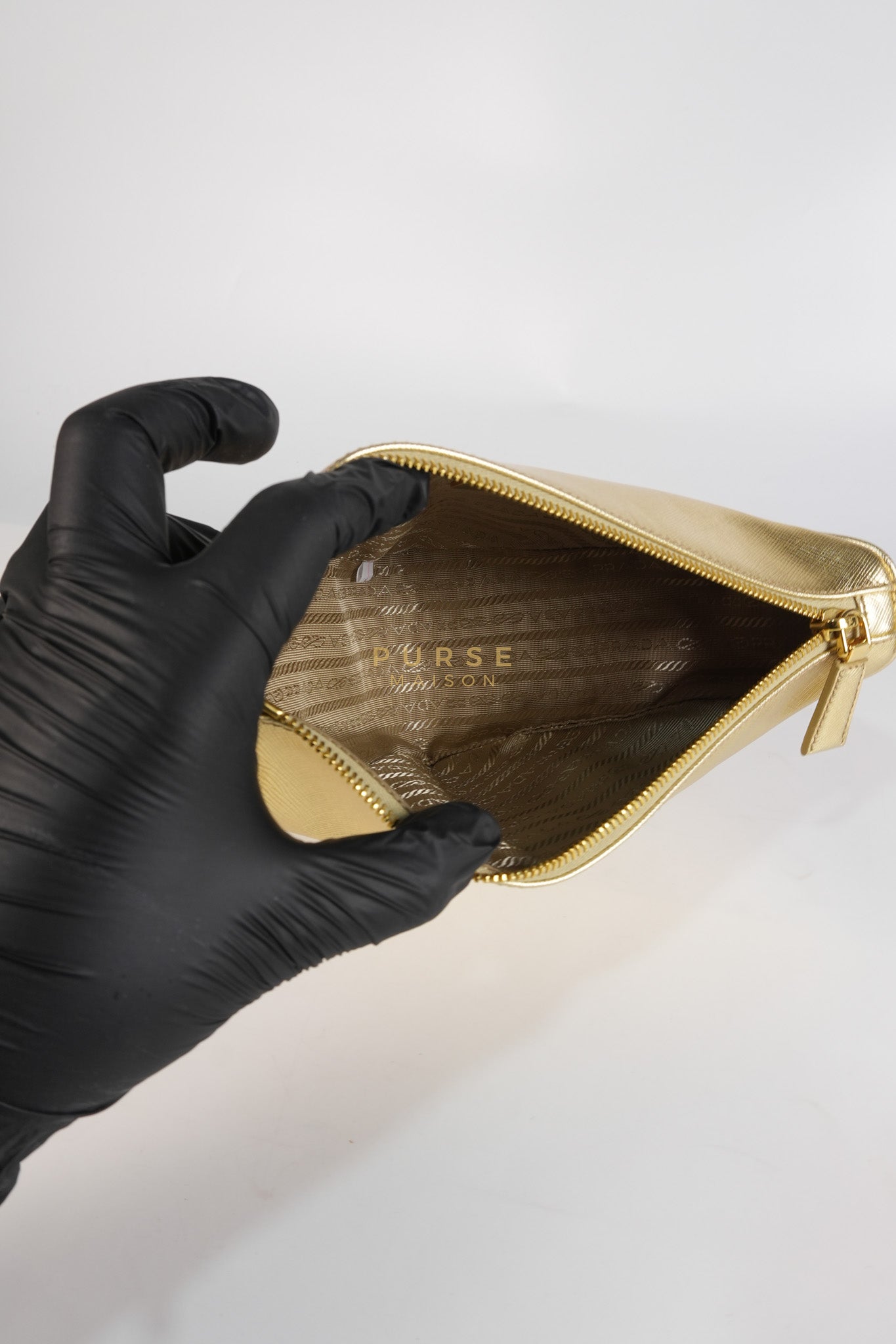 Saffiano Lux Triangle Shoulder Bag Platino in Gold | Purse Maison Luxury Bags Shop