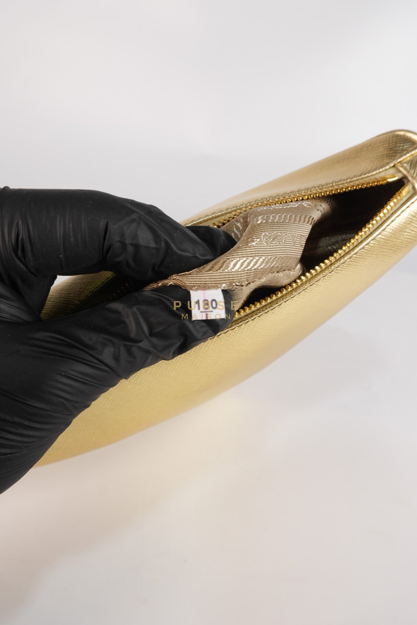 Saffiano Lux Triangle Shoulder Bag Platino in Gold | Purse Maison Luxury Bags Shop