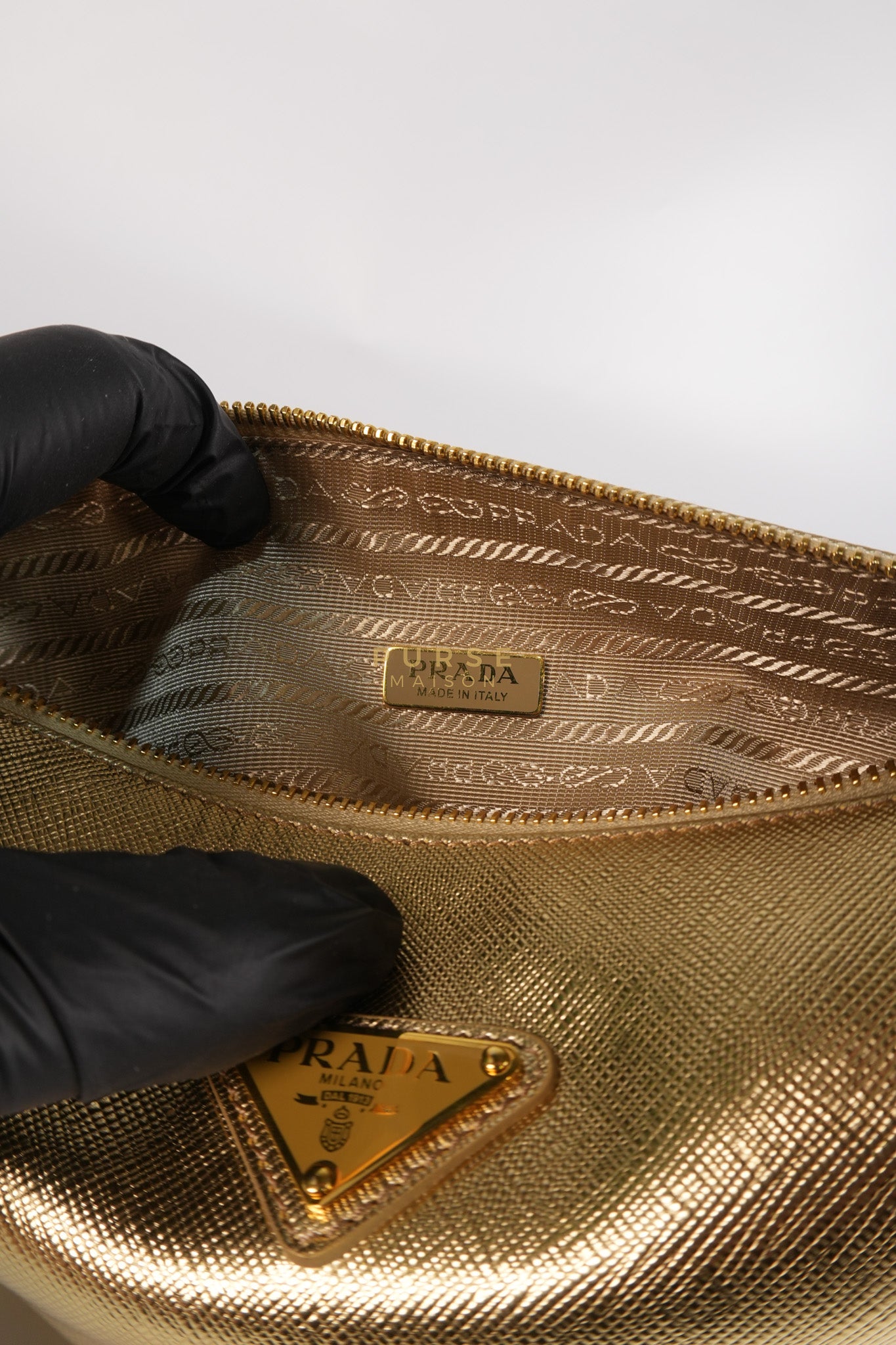 Saffiano Lux Triangle Shoulder Bag Platino in Gold | Purse Maison Luxury Bags Shop