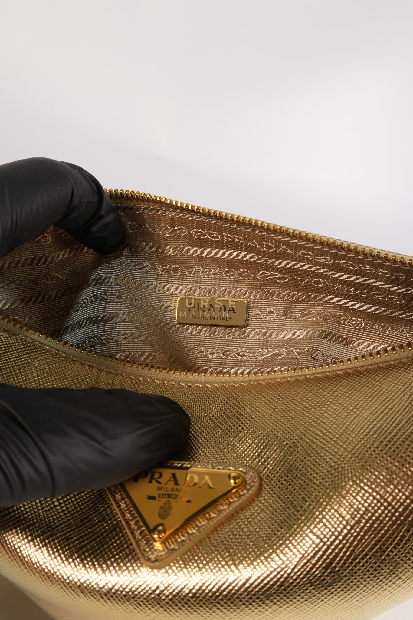 Saffiano Lux Triangle Shoulder Bag Platino in Gold | Purse Maison Luxury Bags Shop