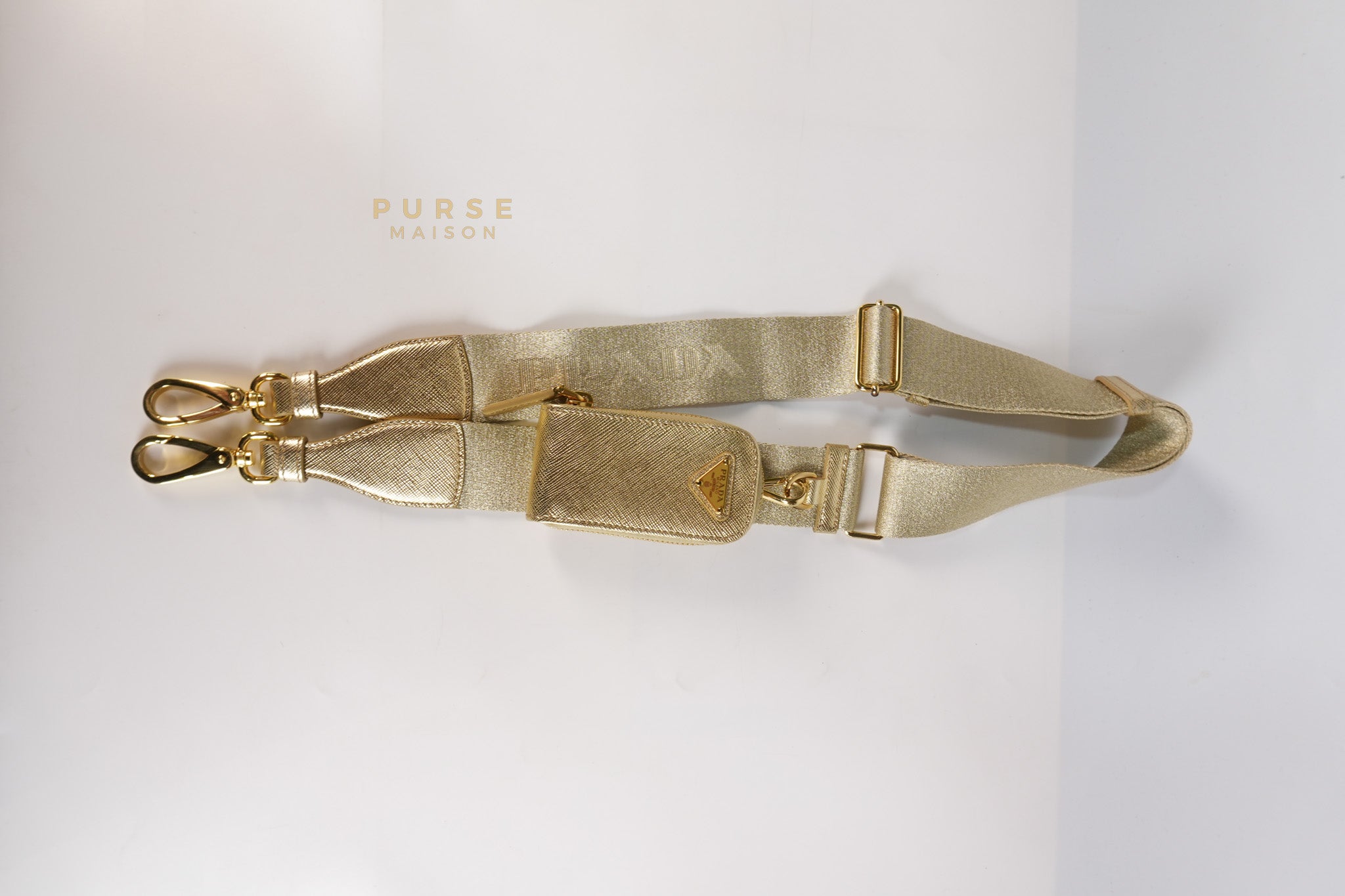 Saffiano Lux Triangle Shoulder Bag Platino in Gold | Purse Maison Luxury Bags Shop