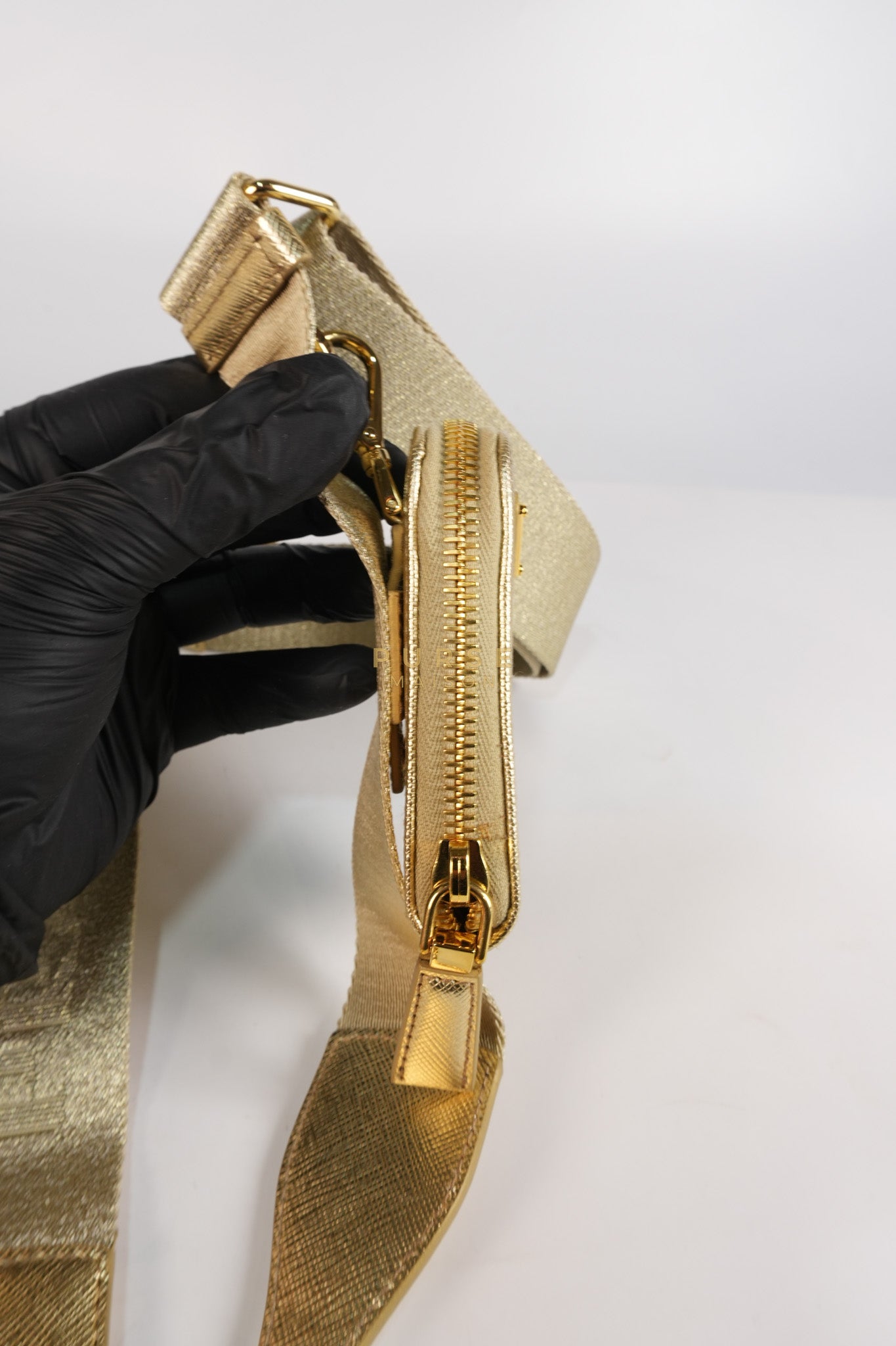 Saffiano Lux Triangle Shoulder Bag Platino in Gold | Purse Maison Luxury Bags Shop