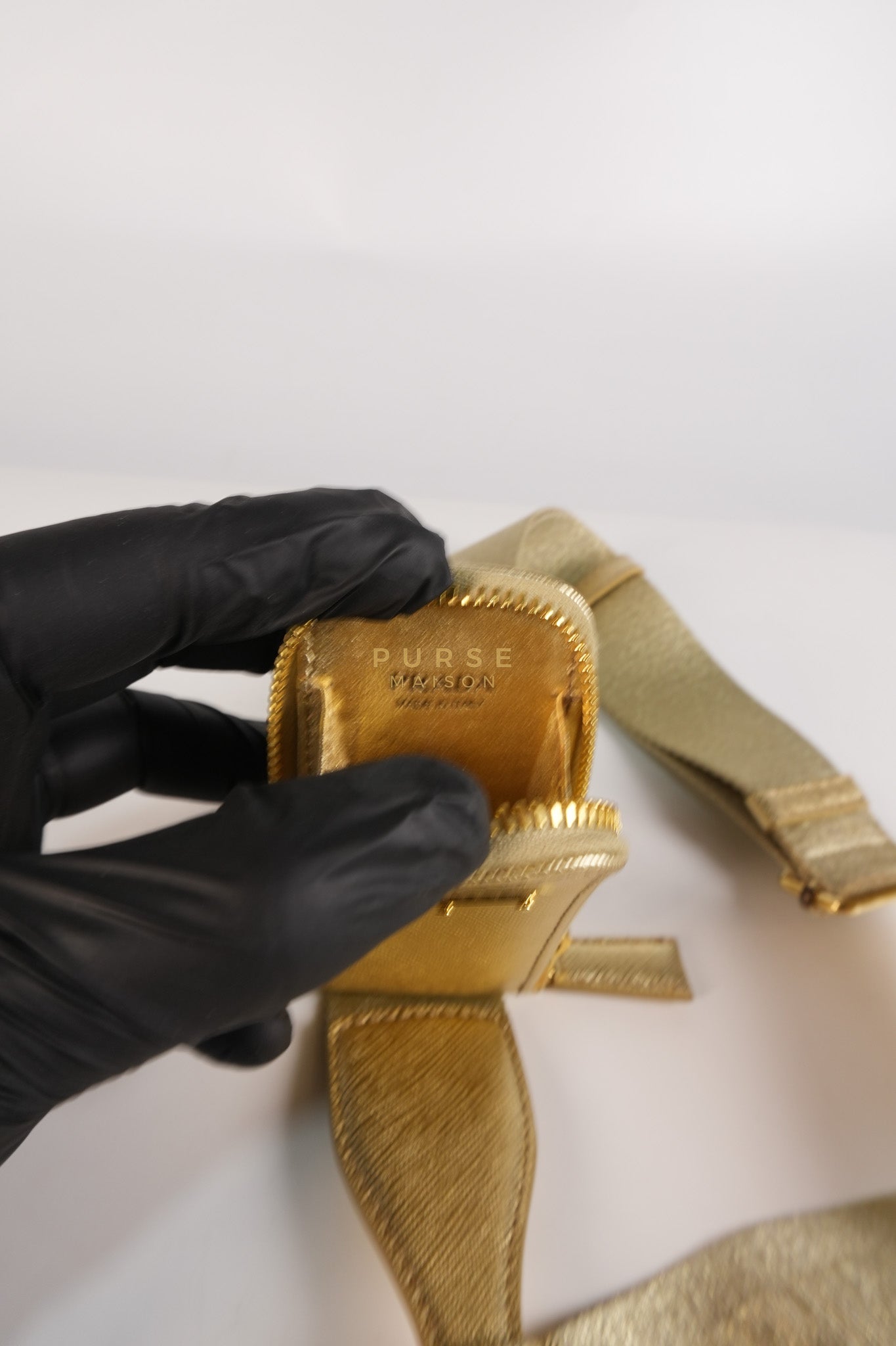 Saffiano Lux Triangle Shoulder Bag Platino in Gold | Purse Maison Luxury Bags Shop