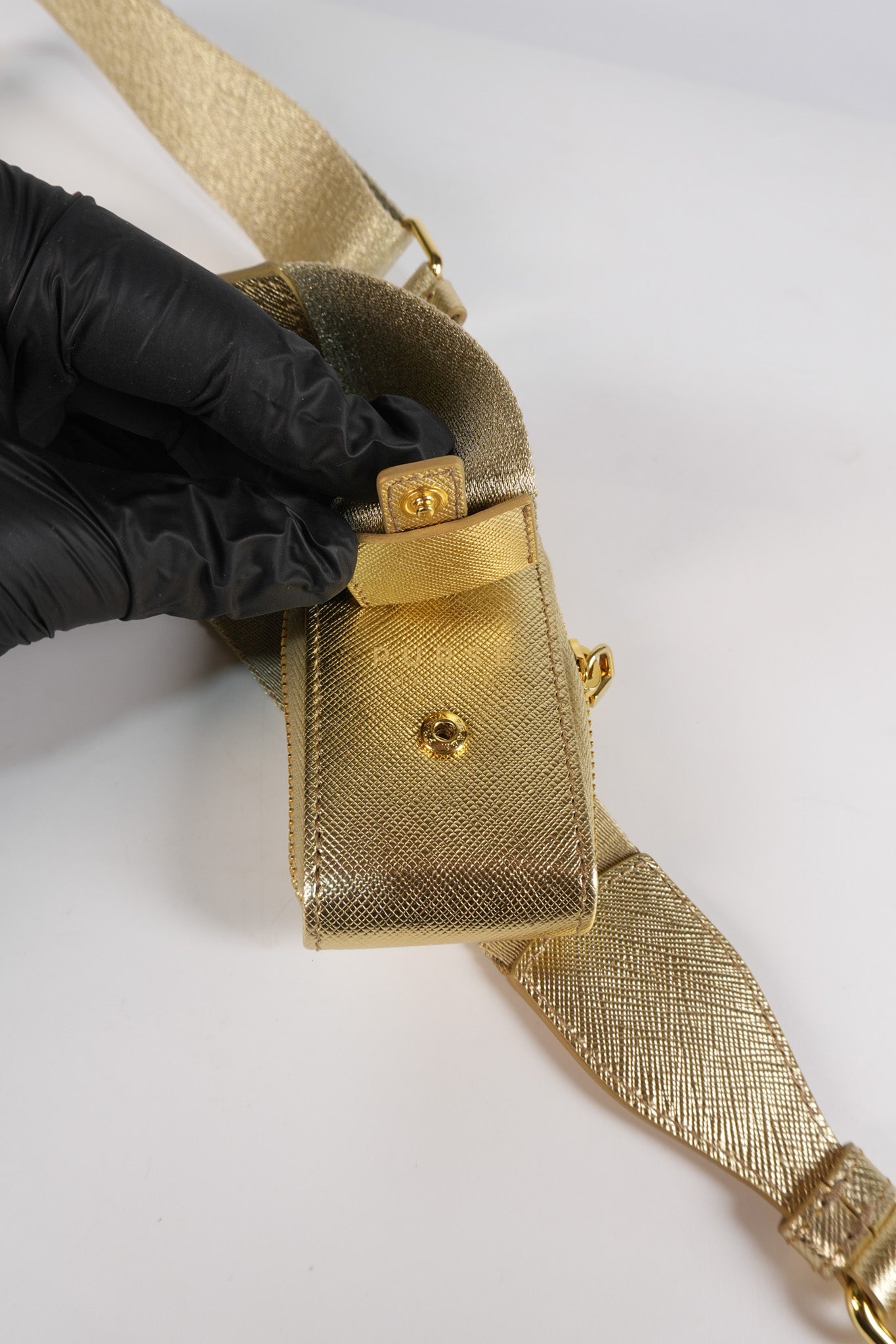 Saffiano Lux Triangle Shoulder Bag Platino in Gold | Purse Maison Luxury Bags Shop