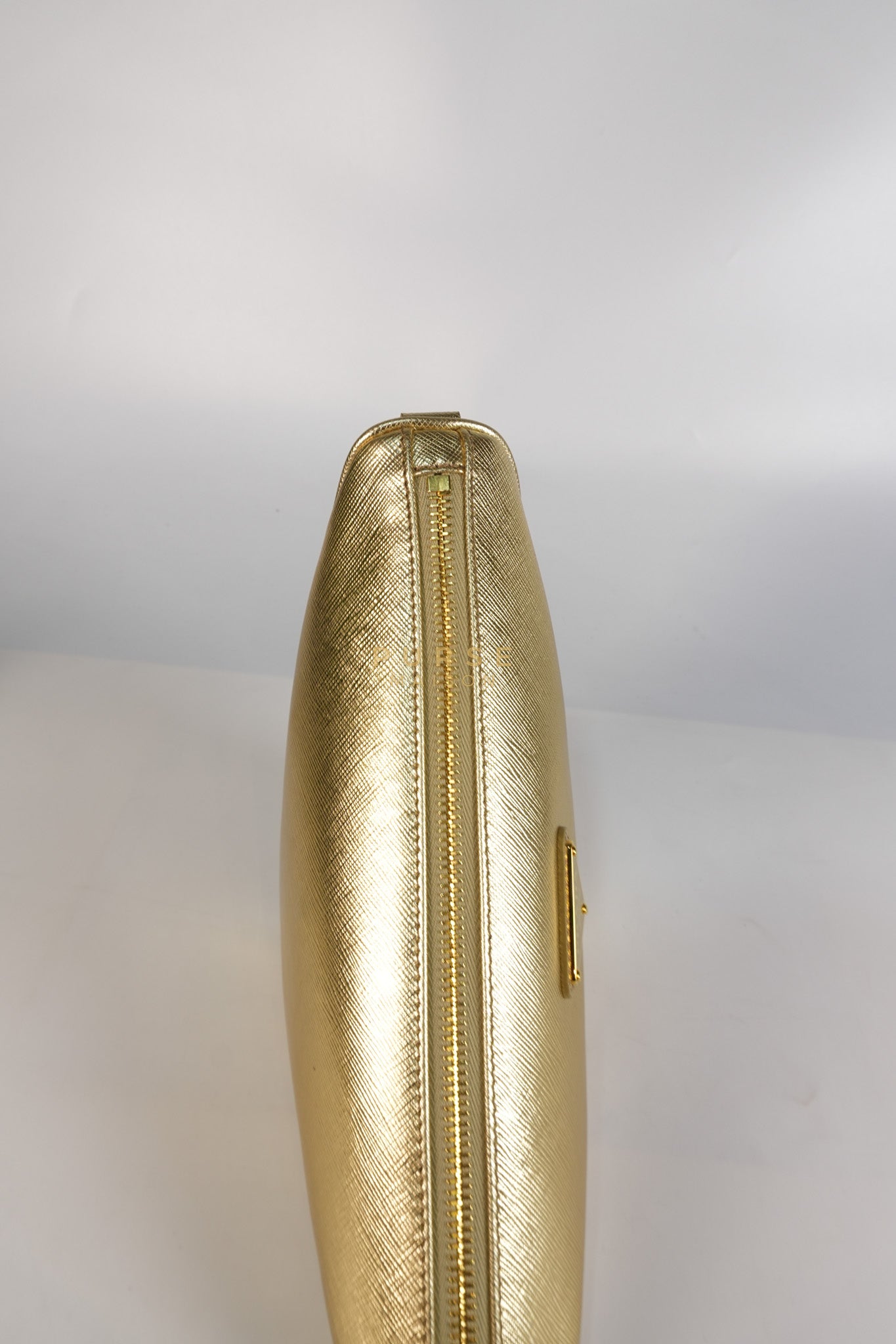 Saffiano Lux Triangle Shoulder Bag Platino in Gold | Purse Maison Luxury Bags Shop