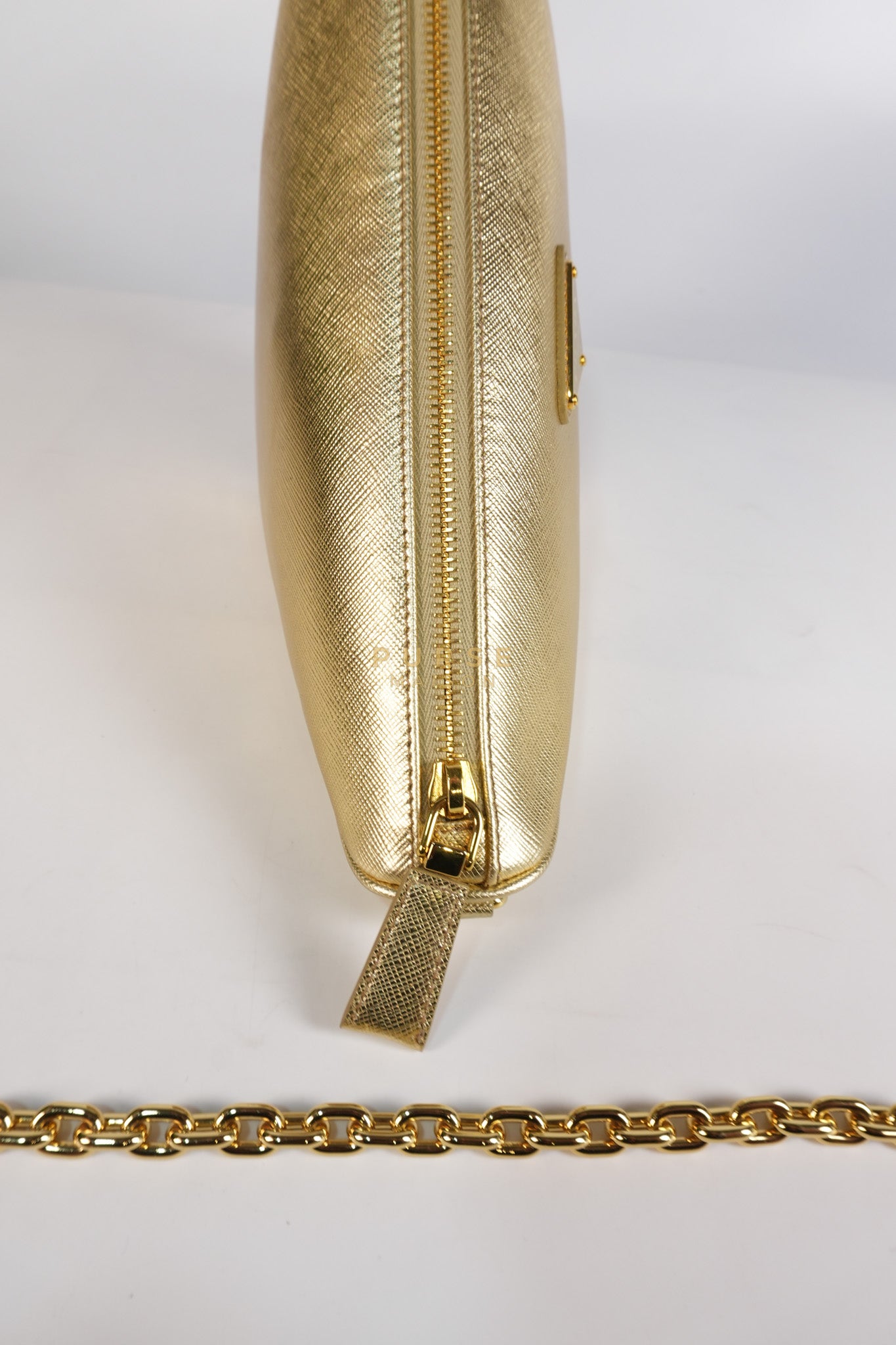 Saffiano Lux Triangle Shoulder Bag Platino in Gold | Purse Maison Luxury Bags Shop