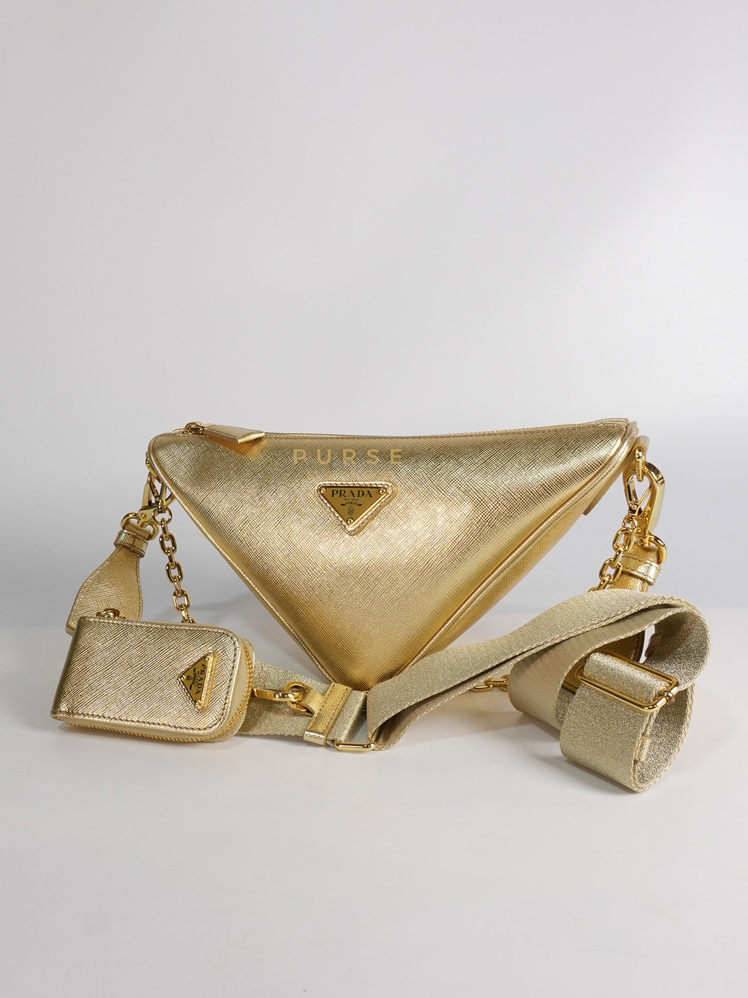 Saffiano Lux Triangle Shoulder Bag Platino in Gold | Purse Maison Luxury Bags Shop