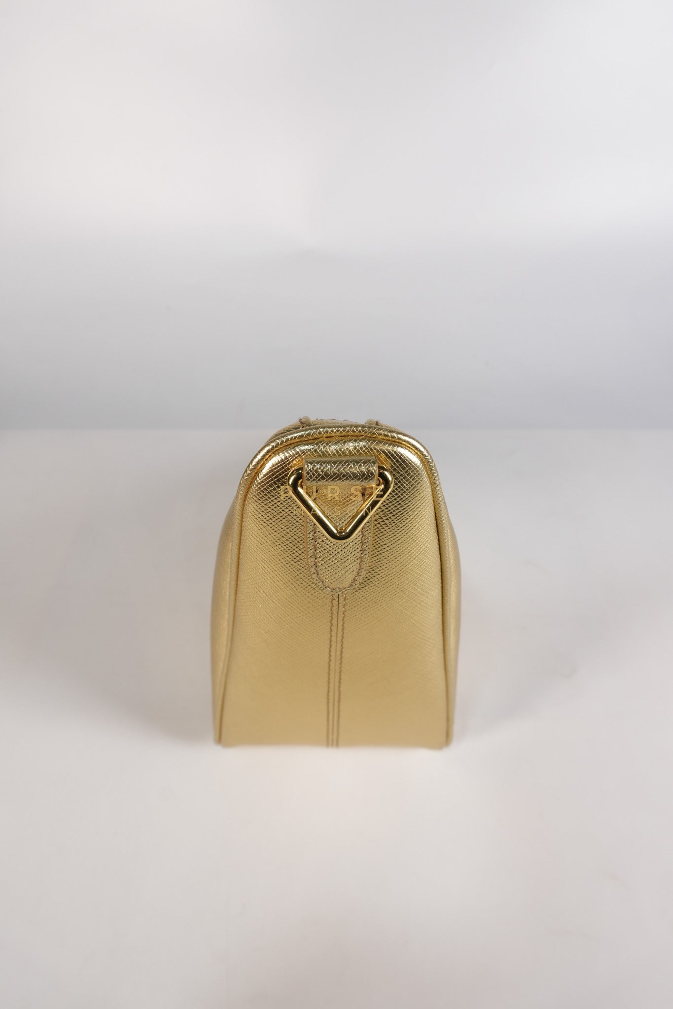 Saffiano Lux Triangle Shoulder Bag Platino in Gold | Purse Maison Luxury Bags Shop