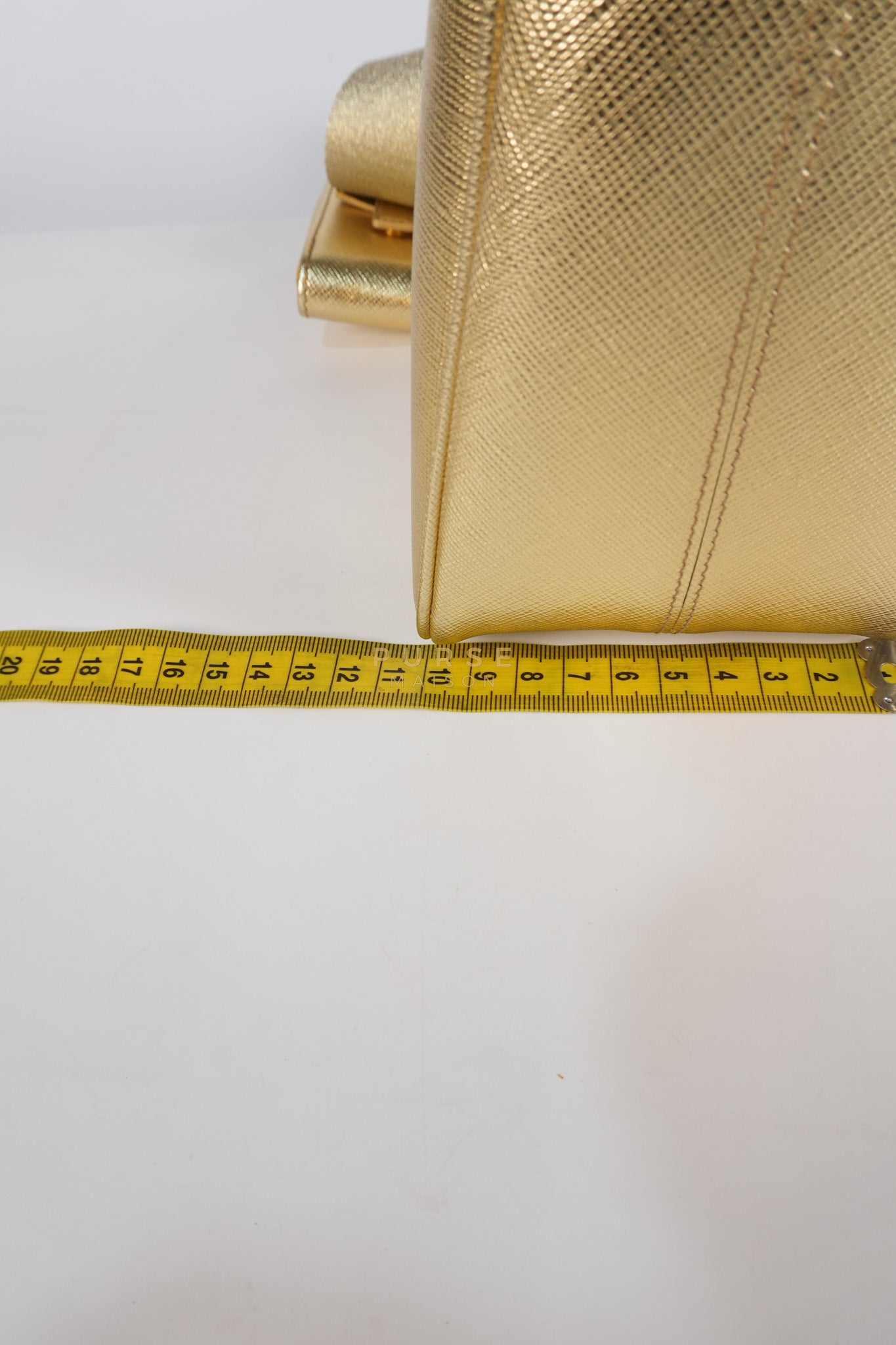 Saffiano Lux Triangle Shoulder Bag Platino in Gold | Purse Maison Luxury Bags Shop