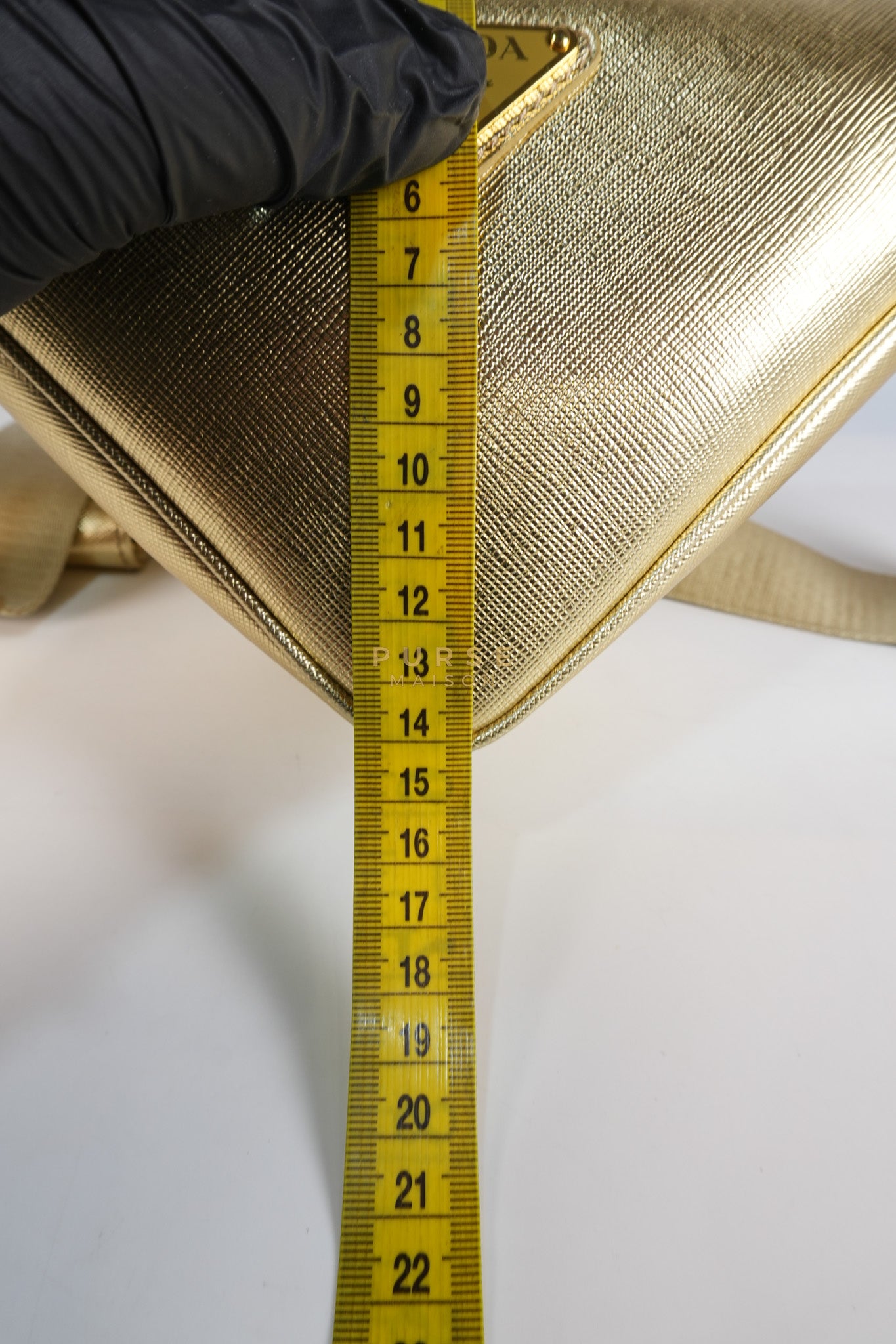 Saffiano Lux Triangle Shoulder Bag Platino in Gold | Purse Maison Luxury Bags Shop