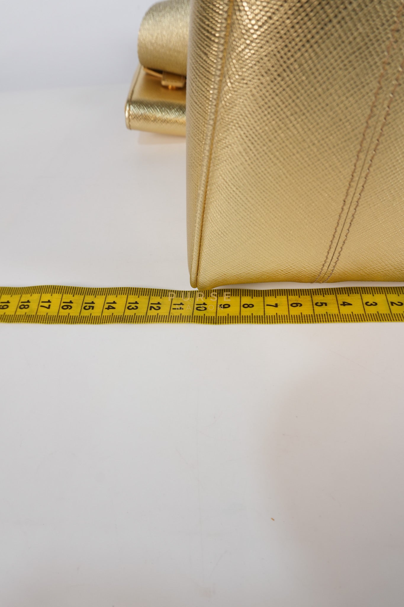 Saffiano Lux Triangle Shoulder Bag Platino in Gold | Purse Maison Luxury Bags Shop