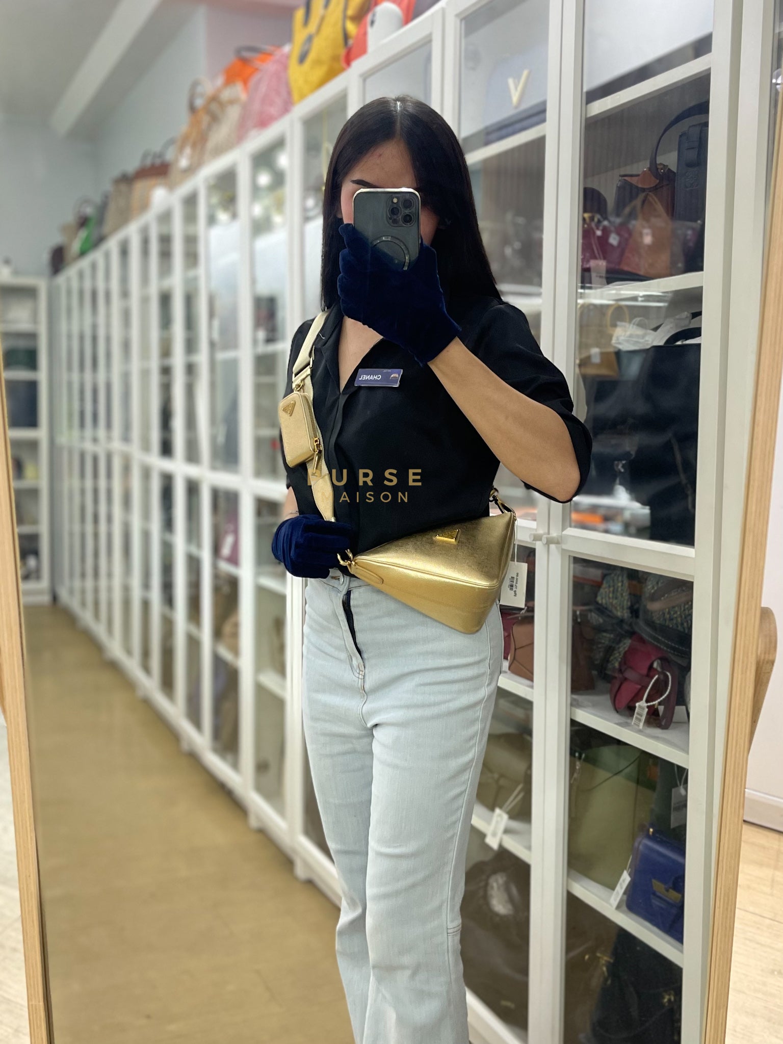 Saffiano Lux Triangle Shoulder Bag Platino in Gold | Purse Maison Luxury Bags Shop