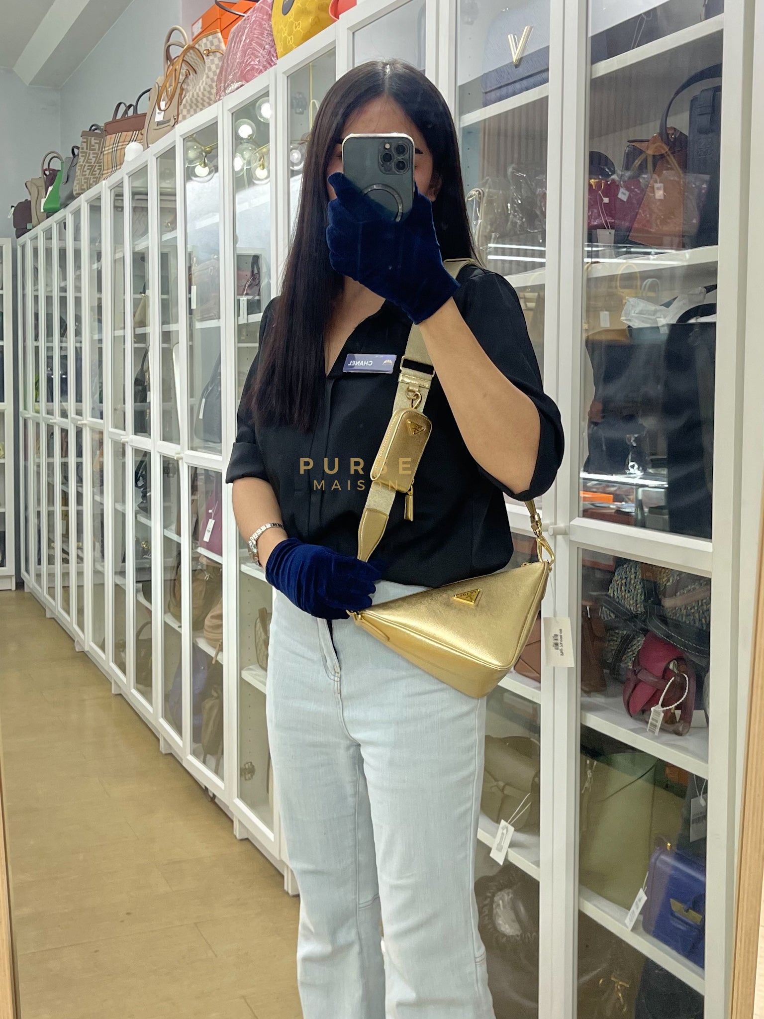 Saffiano Lux Triangle Shoulder Bag Platino in Gold | Purse Maison Luxury Bags Shop