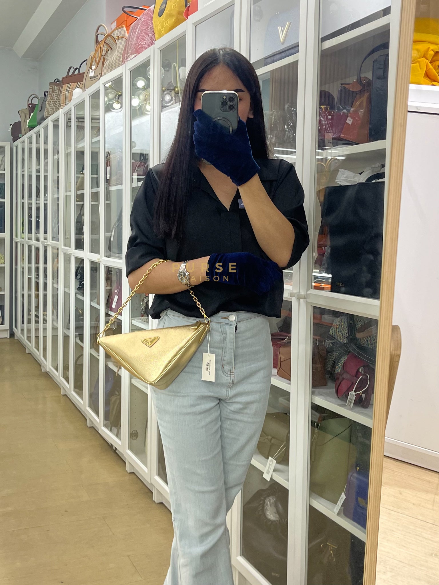 Saffiano Lux Triangle Shoulder Bag Platino in Gold | Purse Maison Luxury Bags Shop