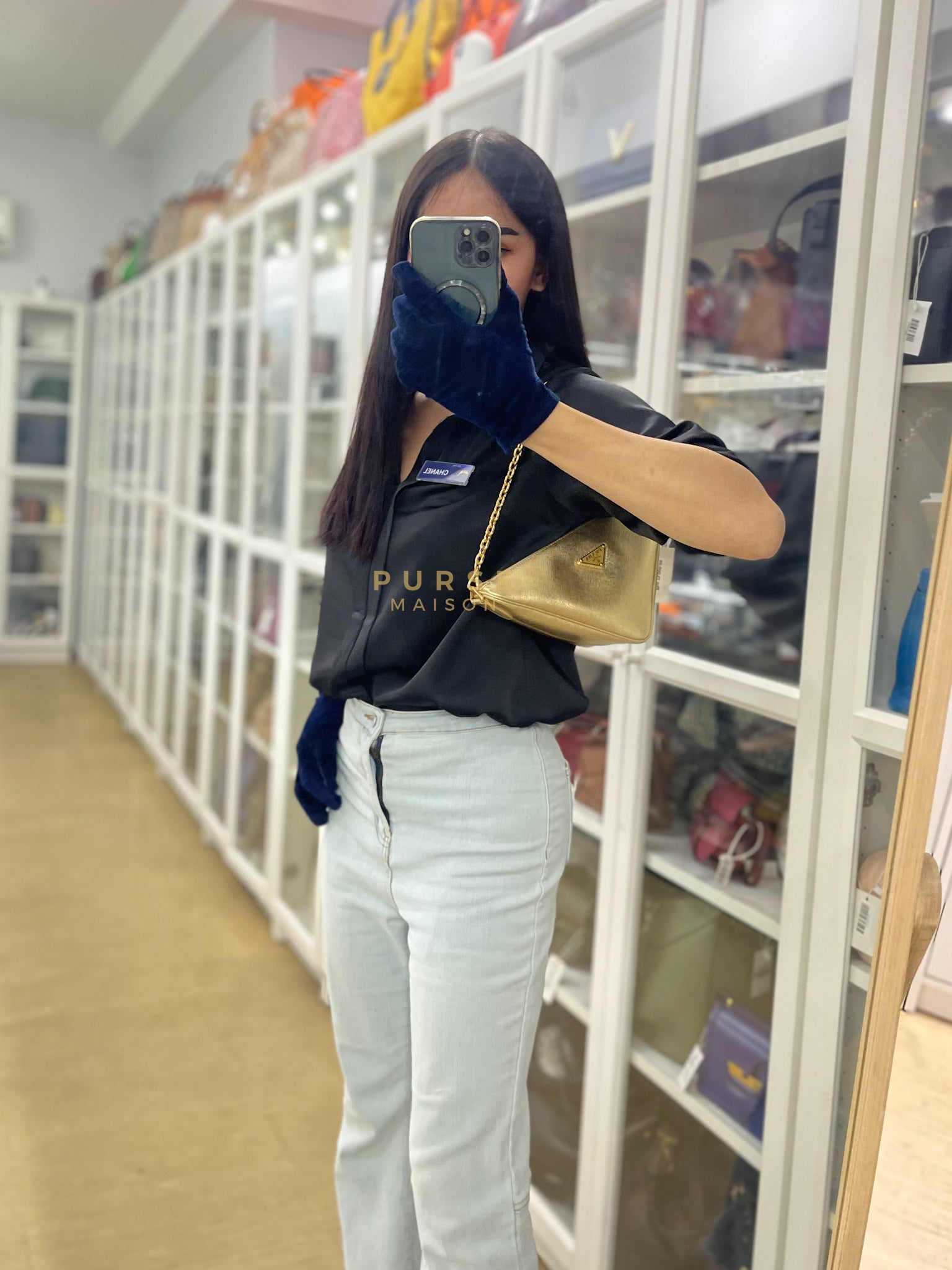 Saffiano Lux Triangle Shoulder Bag Platino in Gold | Purse Maison Luxury Bags Shop