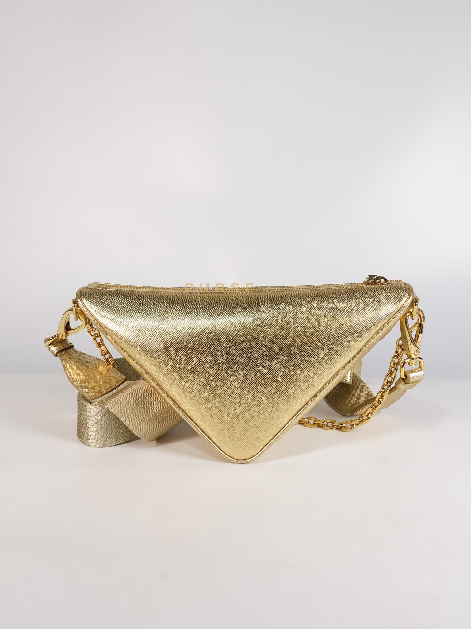 Saffiano Lux Triangle Shoulder Bag Platino in Gold | Purse Maison Luxury Bags Shop