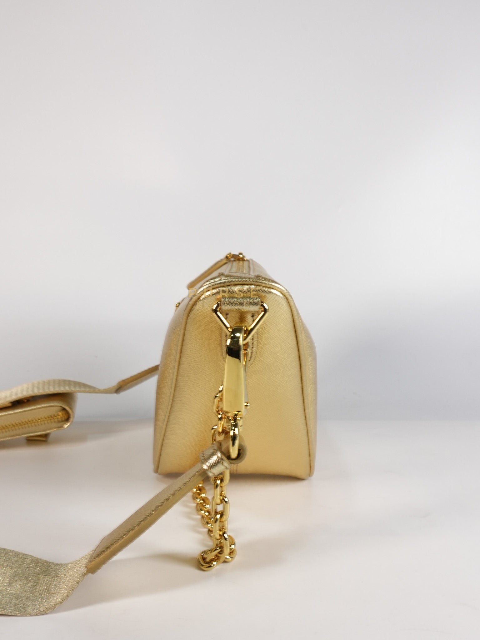 Saffiano Lux Triangle Shoulder Bag Platino in Gold | Purse Maison Luxury Bags Shop