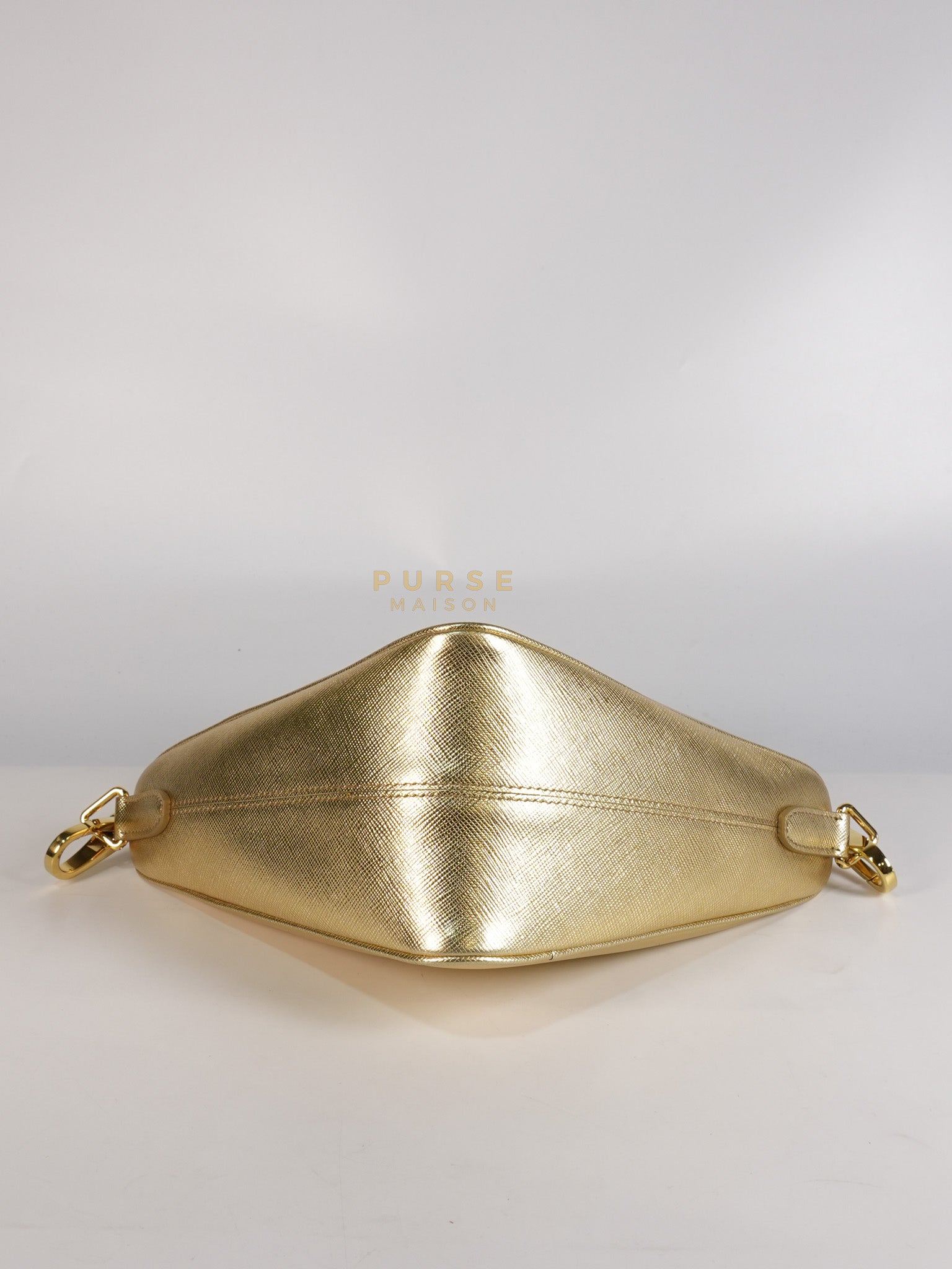 Saffiano Lux Triangle Shoulder Bag Platino in Gold | Purse Maison Luxury Bags Shop