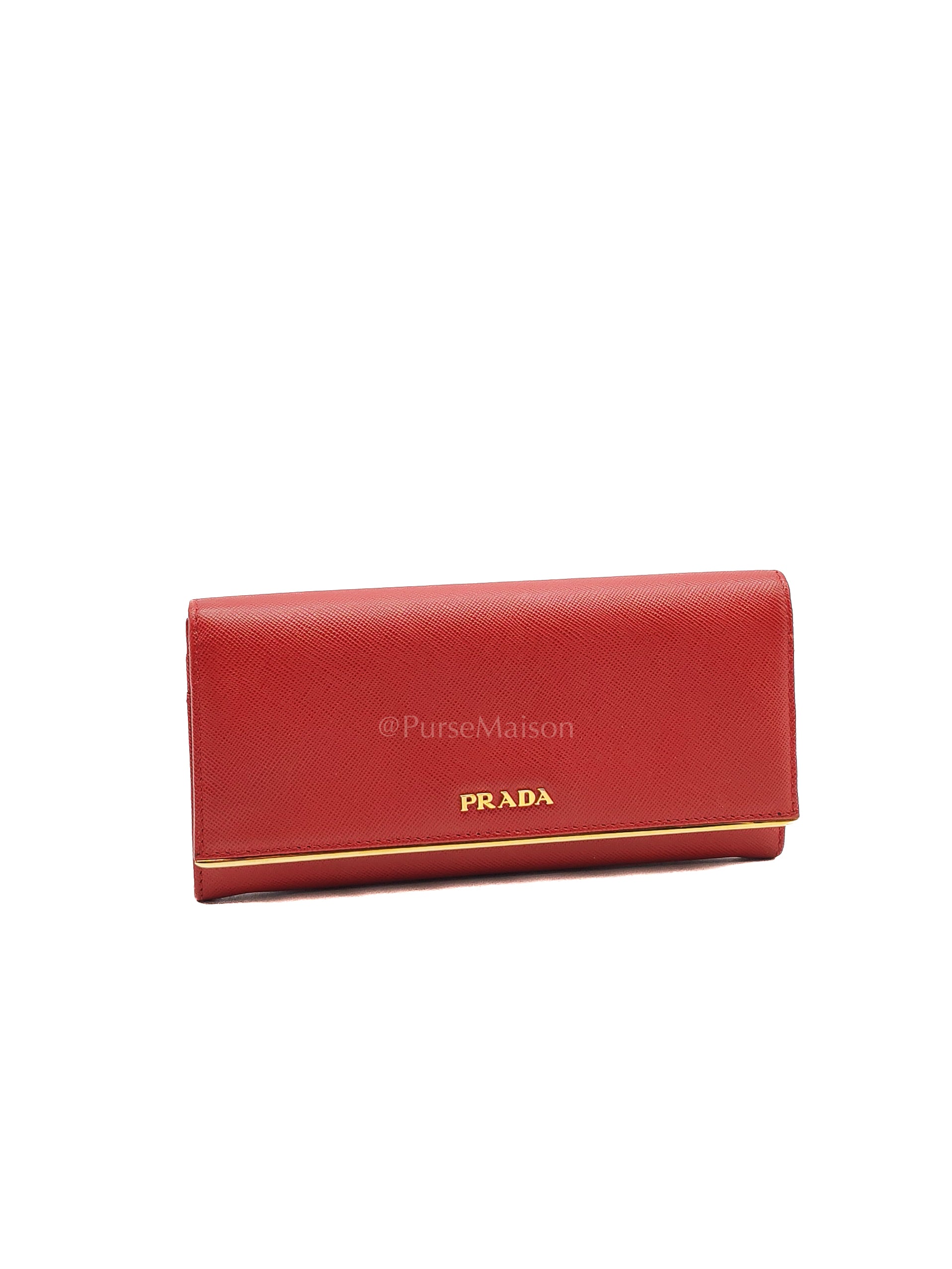 Saffiano Metal Long Wallet in Fiery Red & Gold Hardware | Purse Maison Luxury Bags Shop