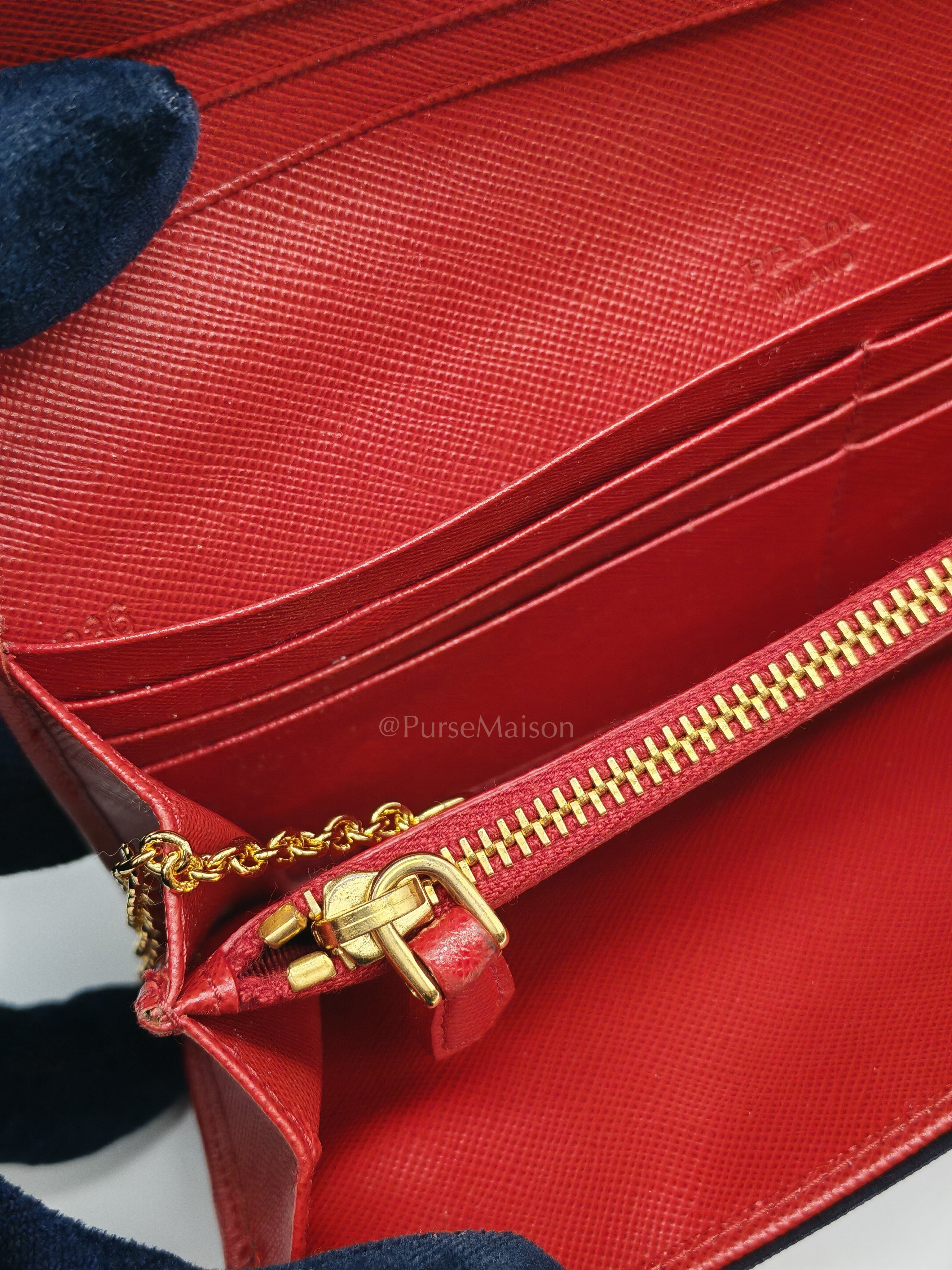 Saffiano Metal Long Wallet in Fiery Red & Gold Hardware | Purse Maison Luxury Bags Shop