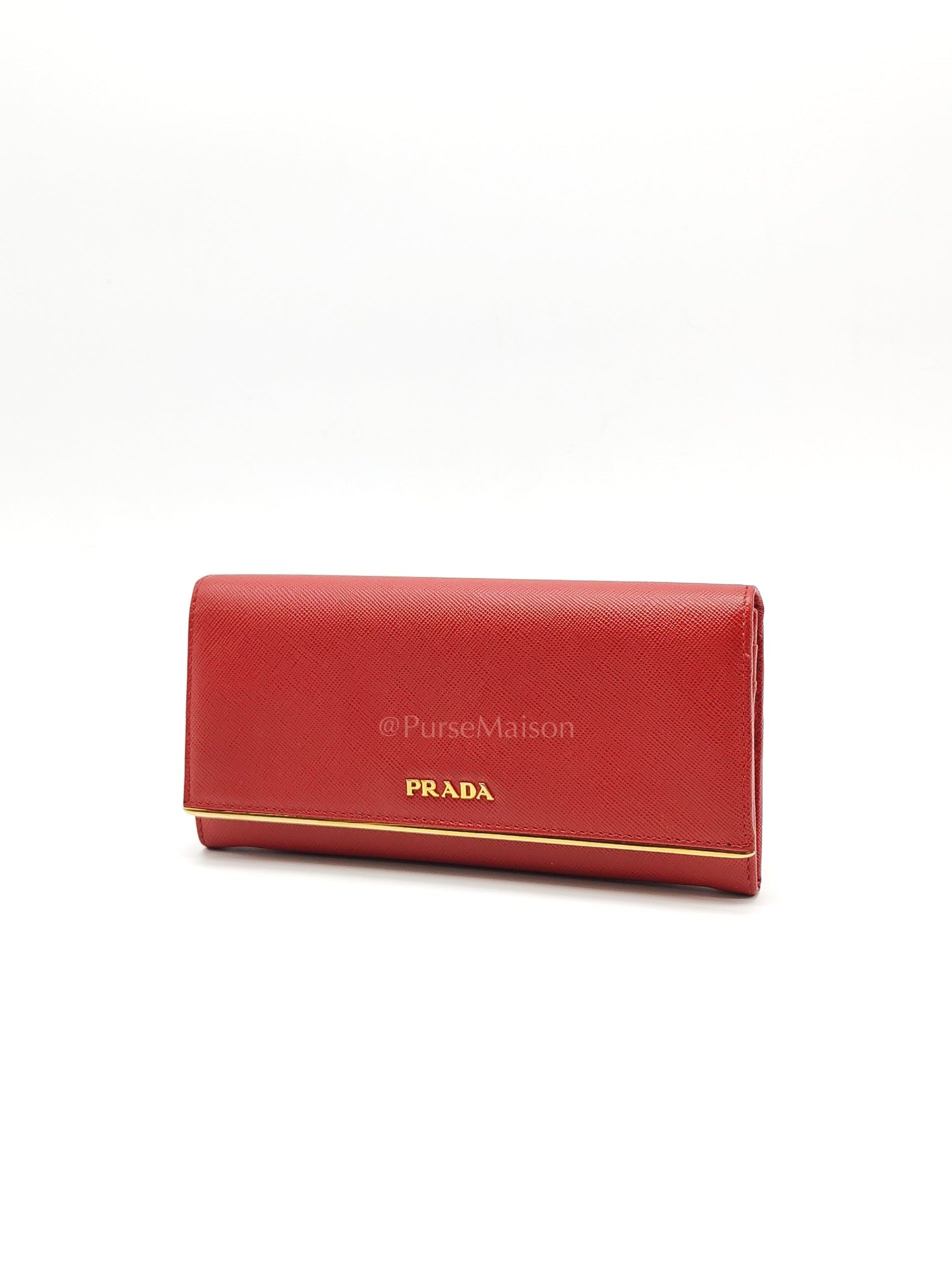 Saffiano Metal Long Wallet in Fiery Red & Gold Hardware | Purse Maison Luxury Bags Shop