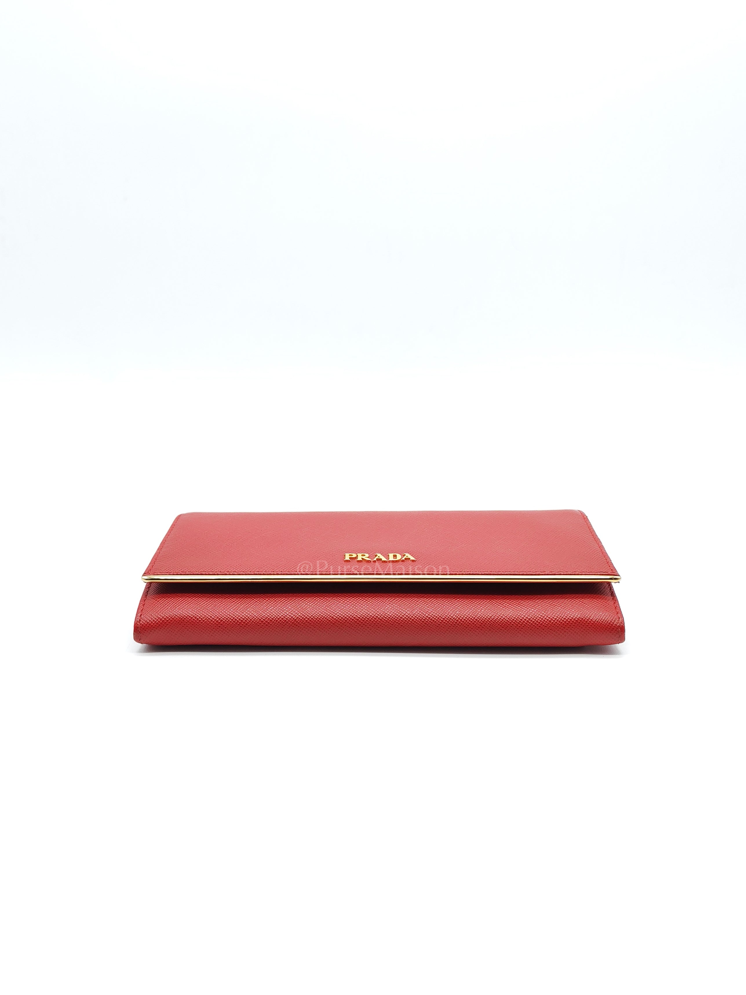 Saffiano Metal Long Wallet in Fiery Red & Gold Hardware | Purse Maison Luxury Bags Shop