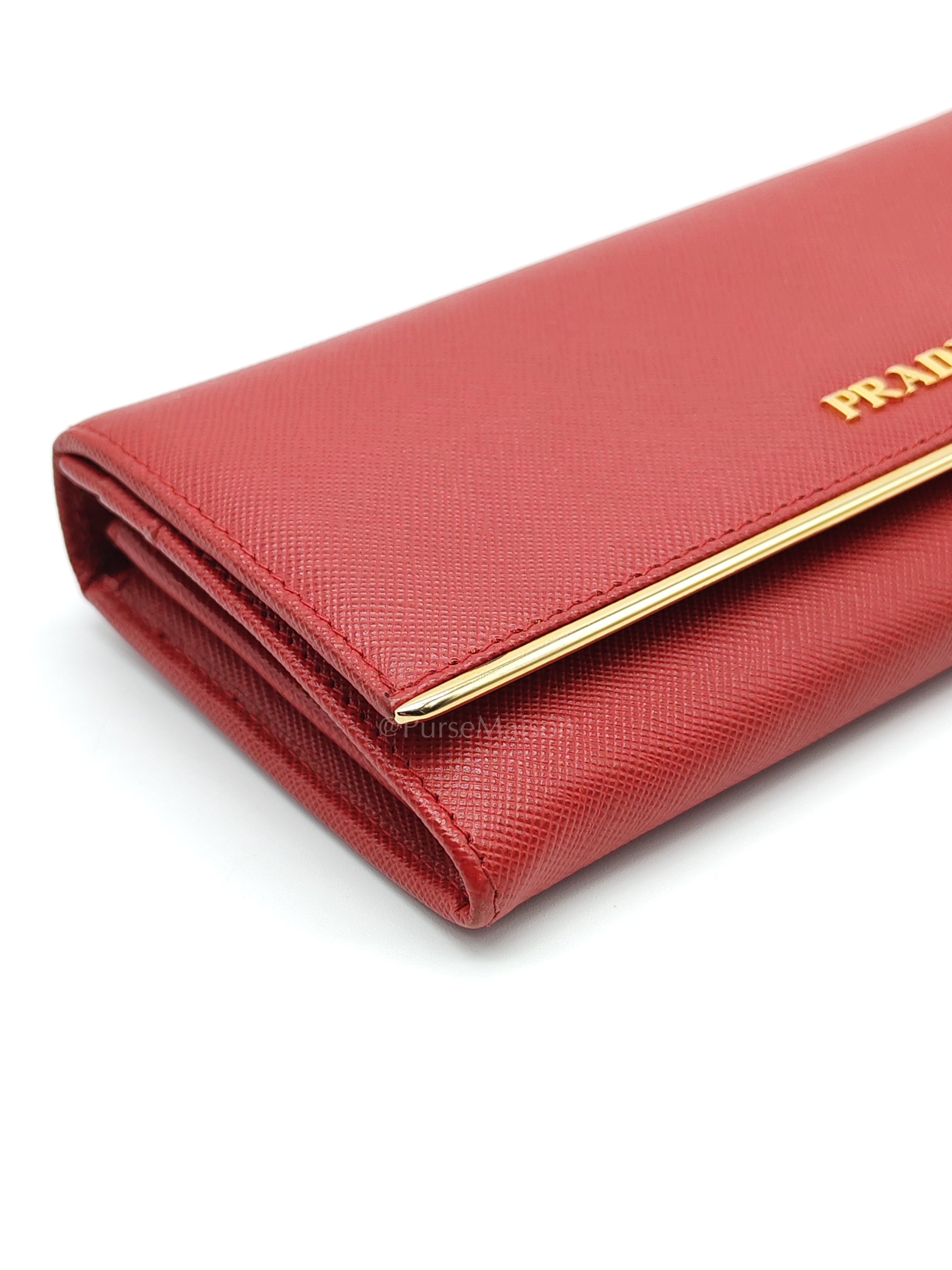 Saffiano Metal Long Wallet in Fiery Red & Gold Hardware | Purse Maison Luxury Bags Shop