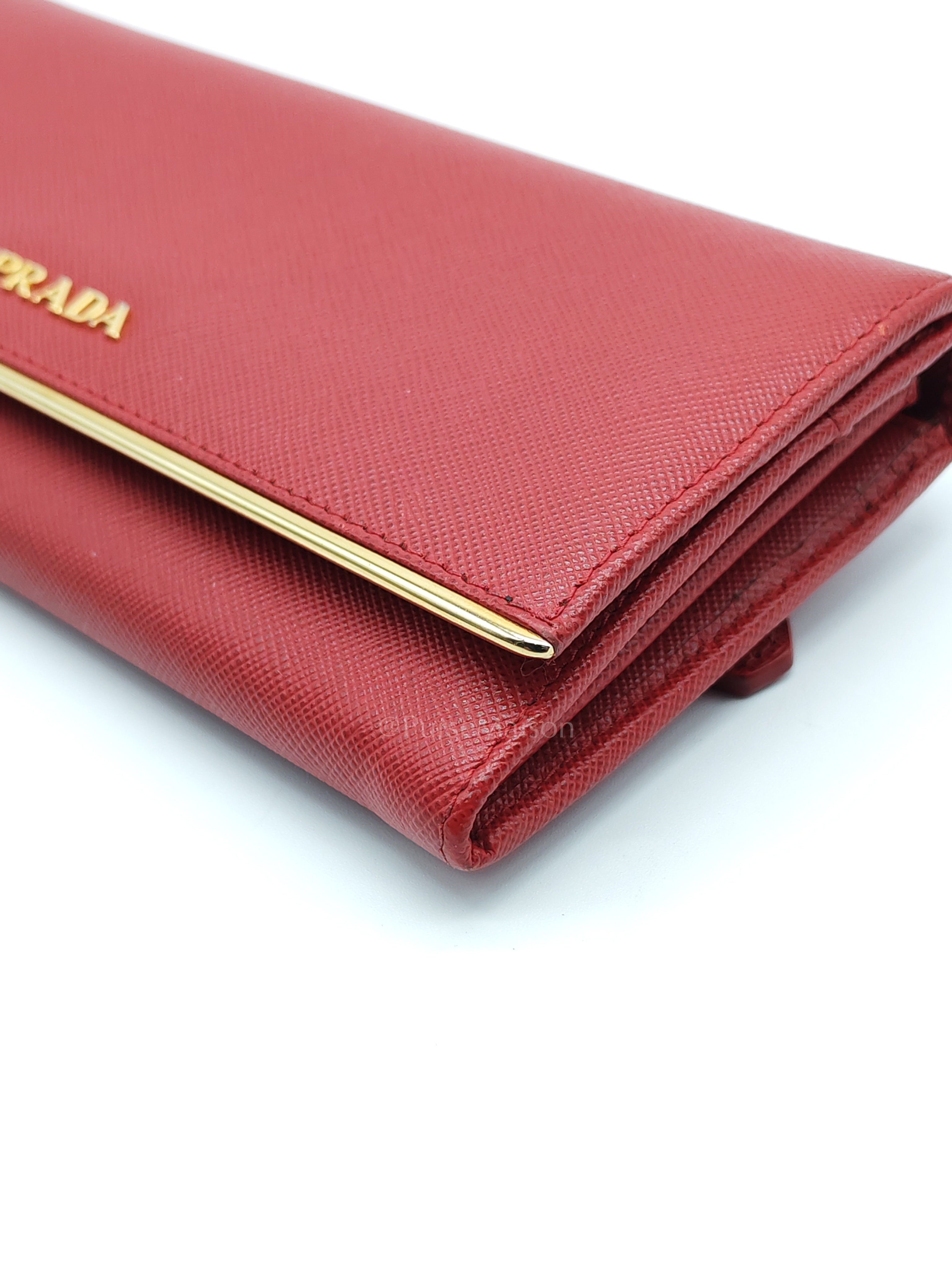 Saffiano Metal Long Wallet in Fiery Red & Gold Hardware | Purse Maison Luxury Bags Shop