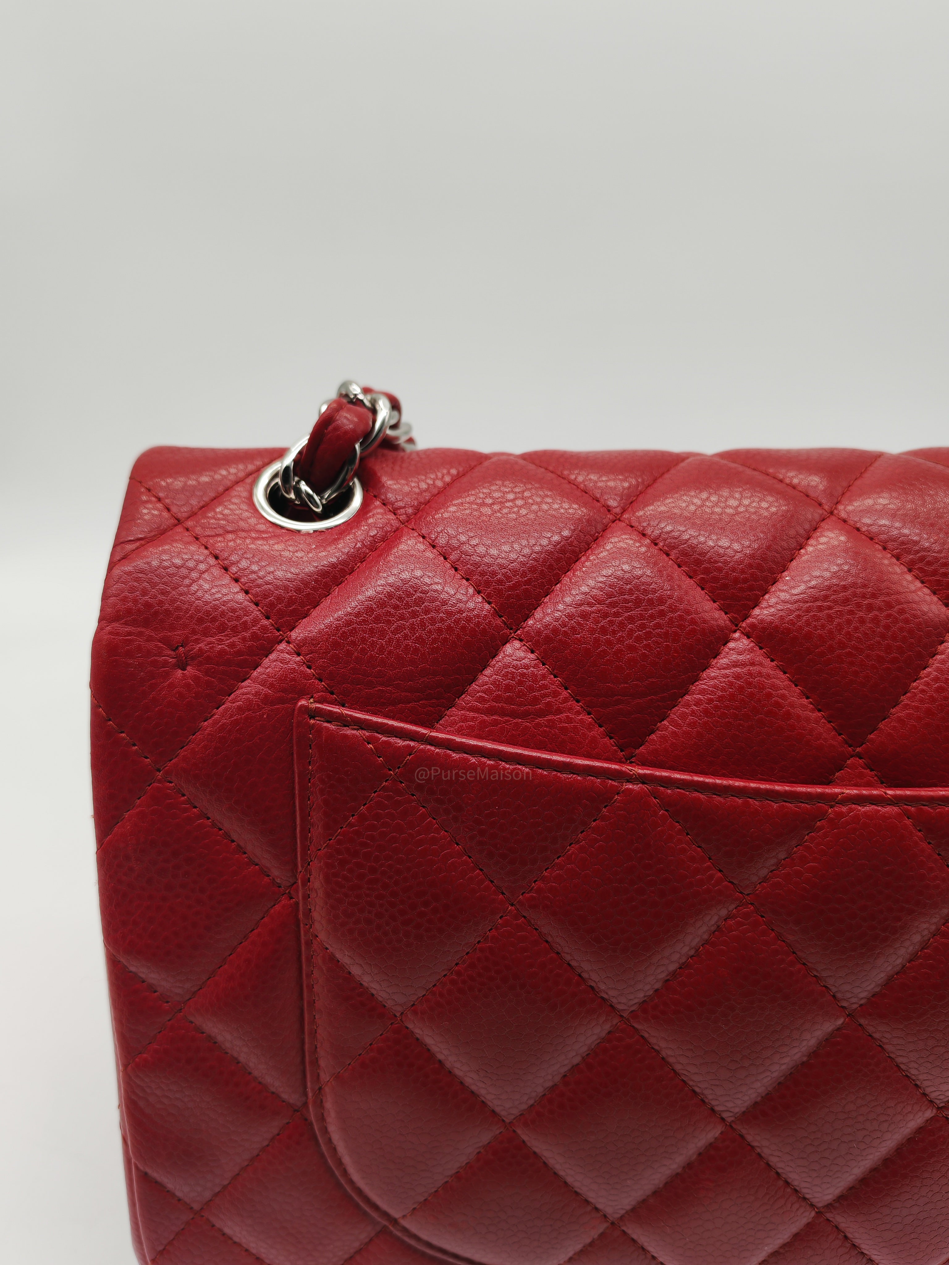 Chanel Classic Double Flap Jumbo in Red Quilted Caviar Leather and Silver Hardware Series 16