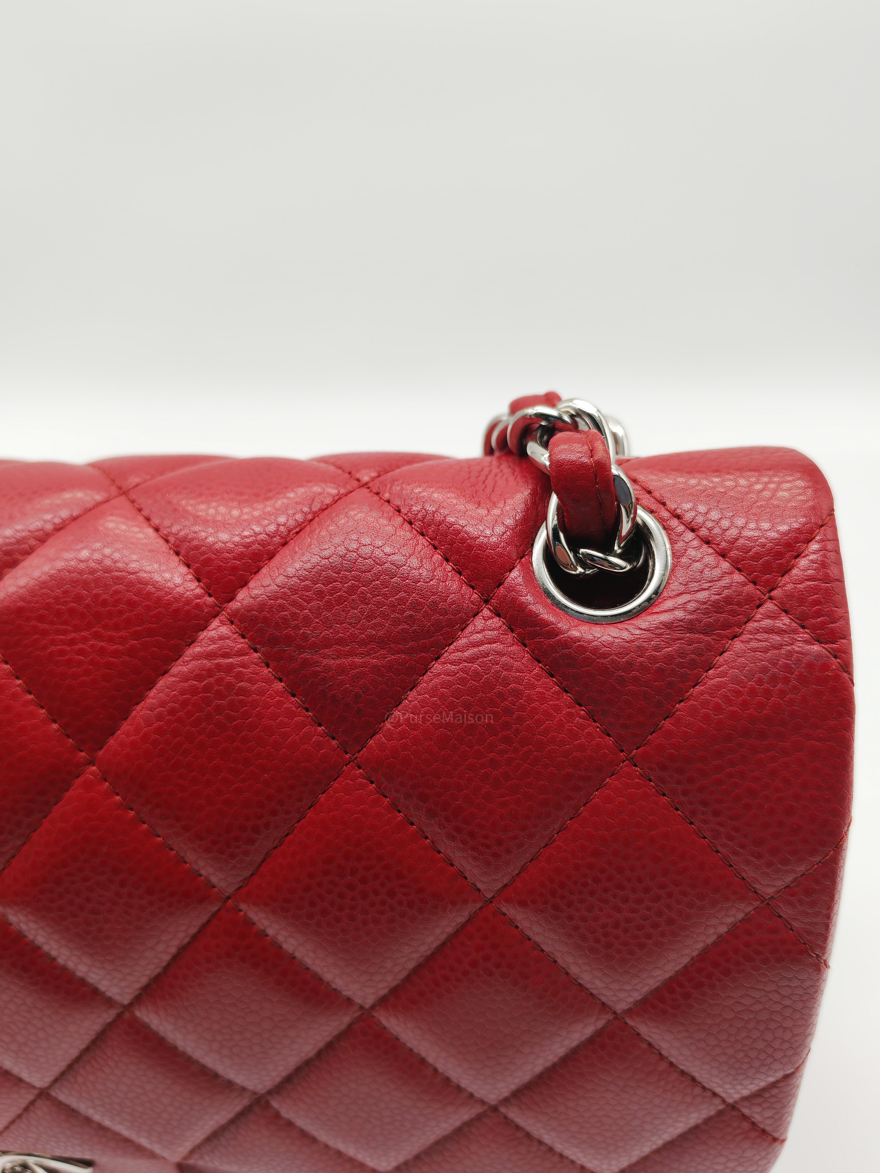 Chanel Classic Double Flap Jumbo in Red Quilted Caviar Leather and Silver Hardware Series 16