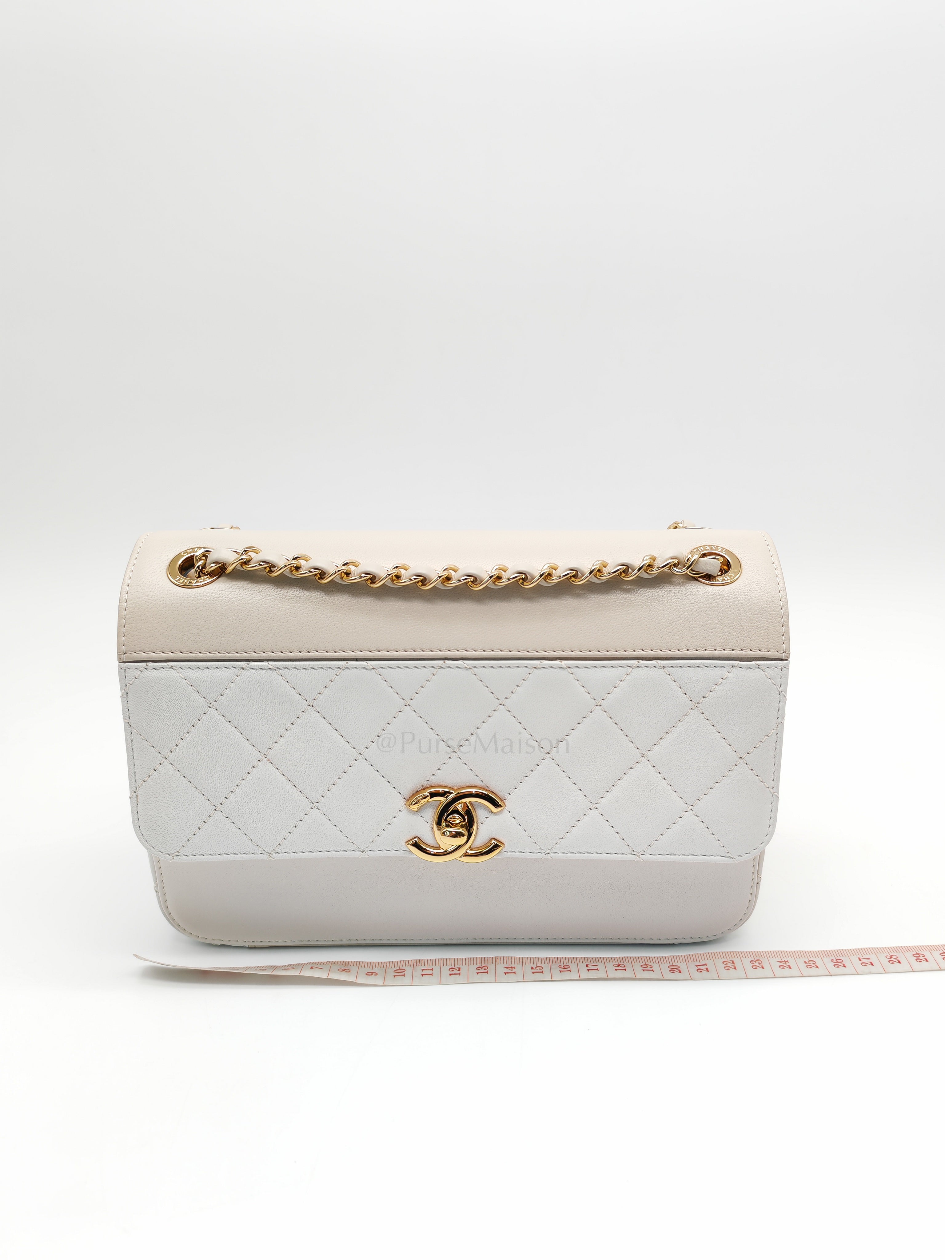 Coco Mark Flap Bag Small in White and Beige Lambskin Leather and Gold Hardware (Series 28) | Purse Maison Luxury Bags Shop