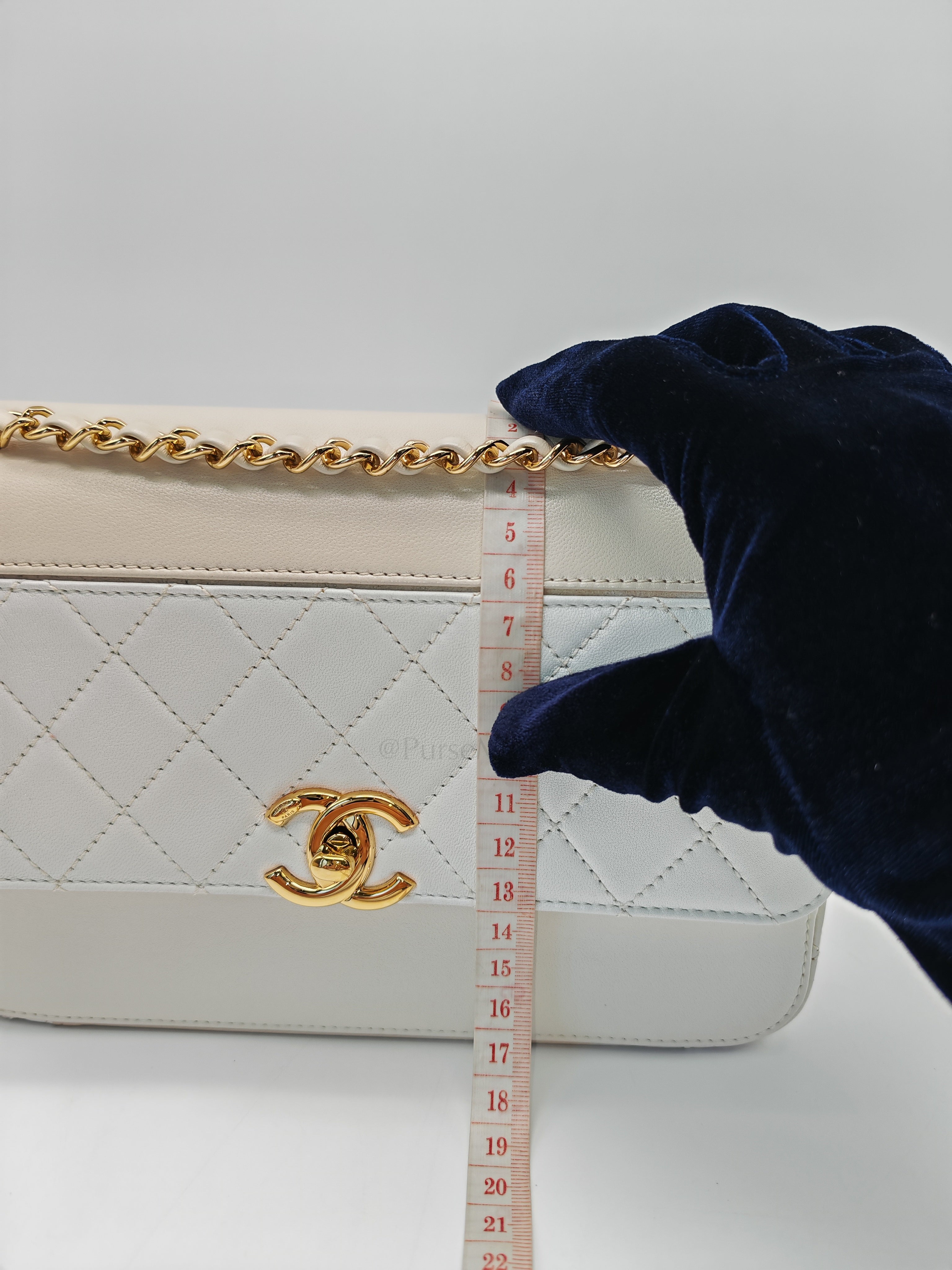 Coco Mark Flap Bag Small in White and Beige Lambskin Leather and Gold Hardware (Series 28) | Purse Maison Luxury Bags Shop