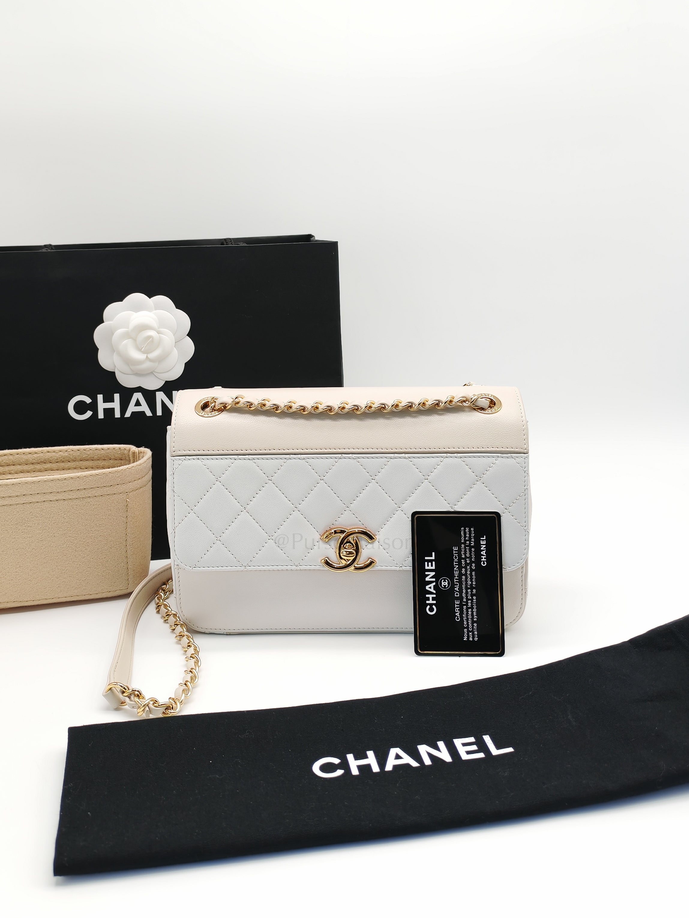 Coco Mark Flap Bag Small in White and Beige Lambskin Leather and Gold Hardware (Series 28) | Purse Maison Luxury Bags Shop