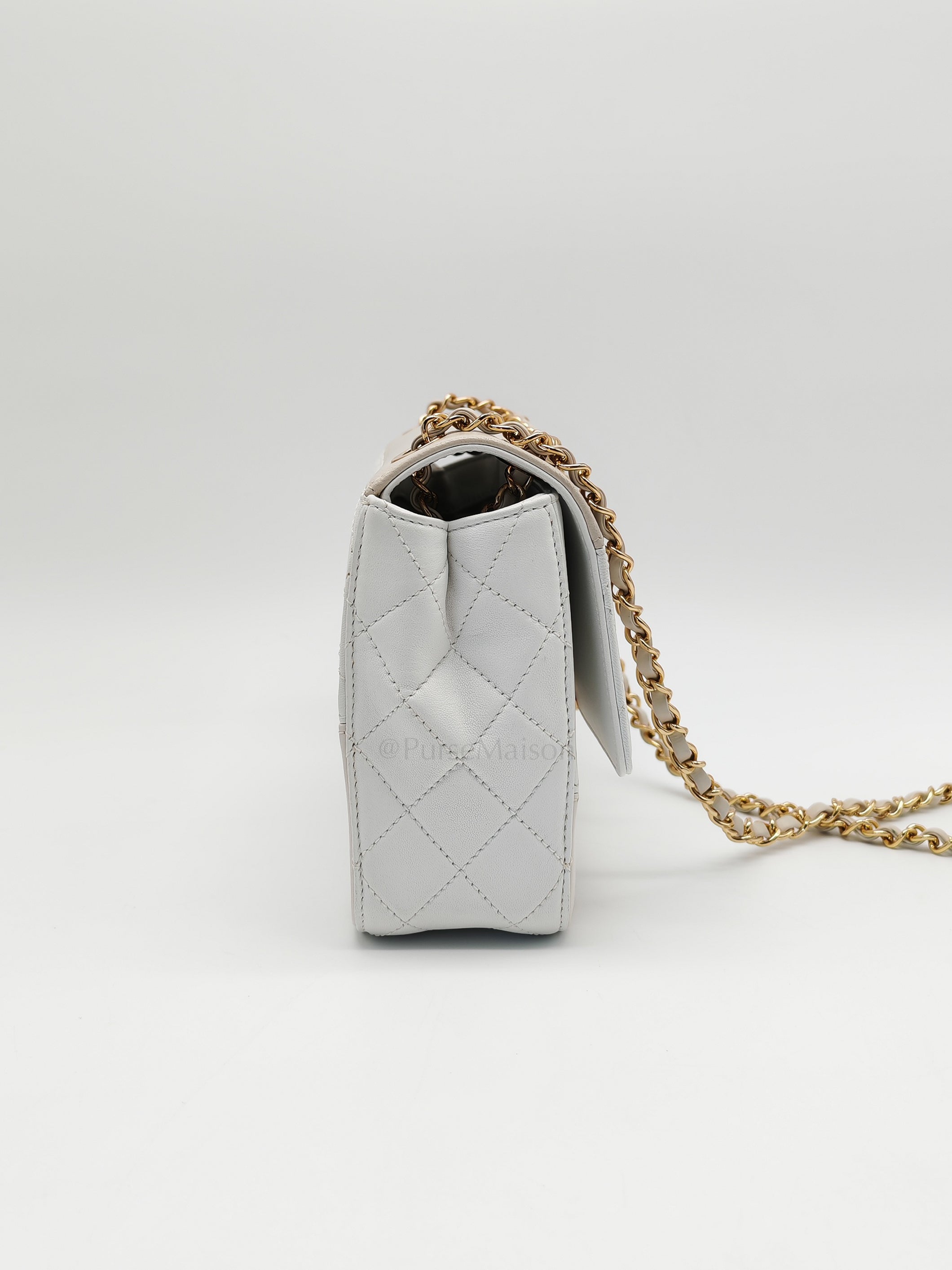 Coco Mark Flap Bag Small in White and Beige Lambskin Leather and Gold Hardware (Series 28) | Purse Maison Luxury Bags Shop