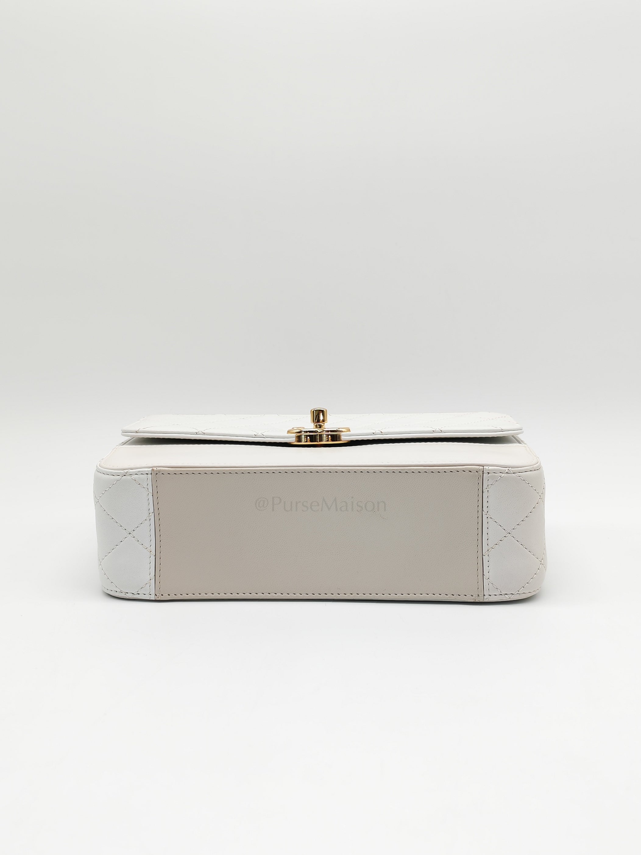 Coco Mark Flap Bag Small in White and Beige Lambskin Leather and Gold Hardware (Series 28) | Purse Maison Luxury Bags Shop