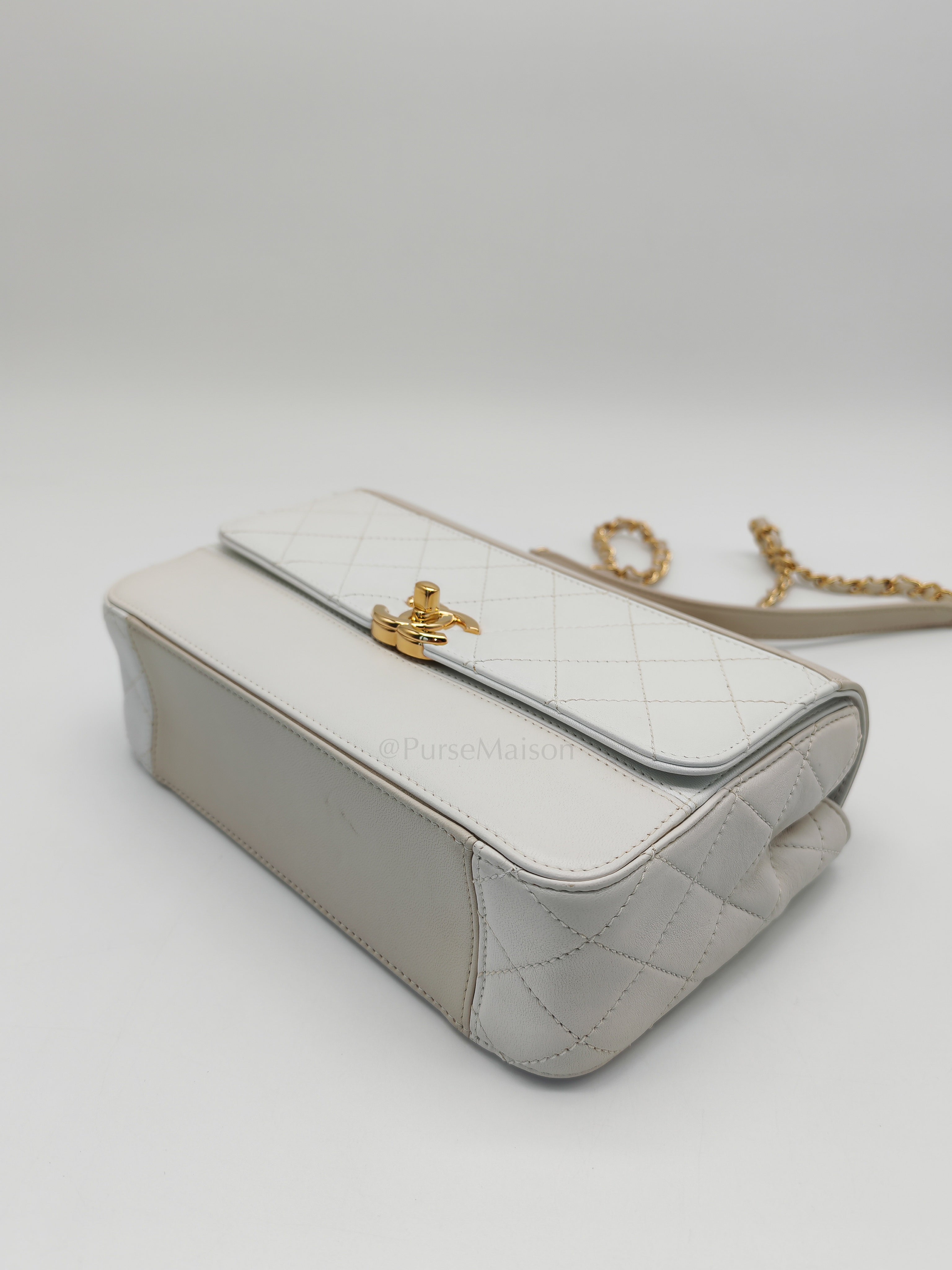 Coco Mark Flap Bag Small in White and Beige Lambskin Leather and Gold Hardware (Series 28) | Purse Maison Luxury Bags Shop