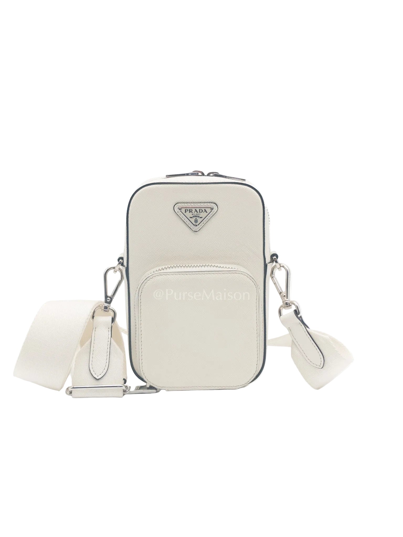 Prada Phone Bag in White Saffiano Leather Silver Hardware