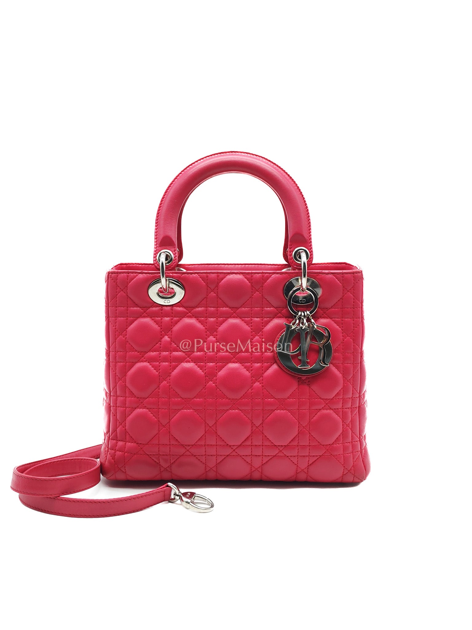 Christian Dior Vintage Lady Dior Medium in Rose Fuschia Lambskin Leather Silver Hardware