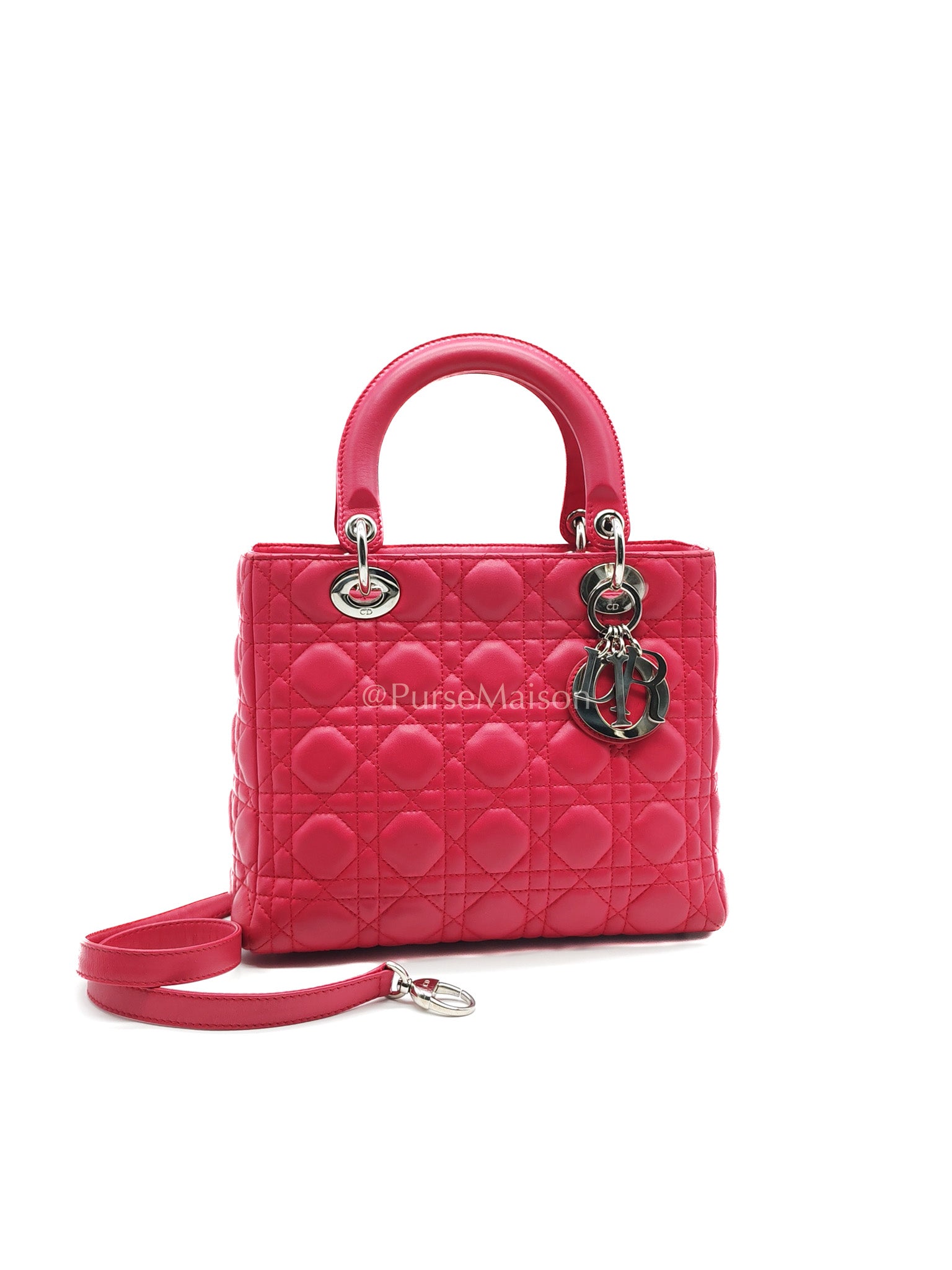 Christian Dior Vintage Lady Dior Medium in Rose Fuschia Lambskin Leather Silver Hardware