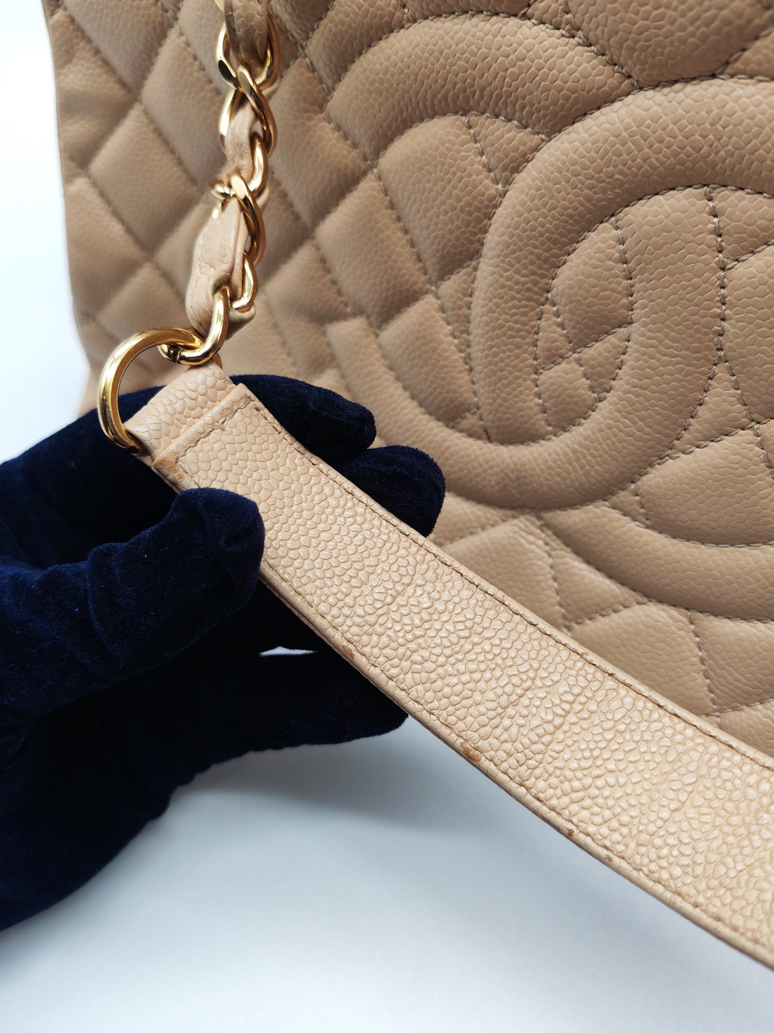 Grand Shopping Tote (GST) in Biege Quilted Caviar Leather & Gold Hardware Series 18