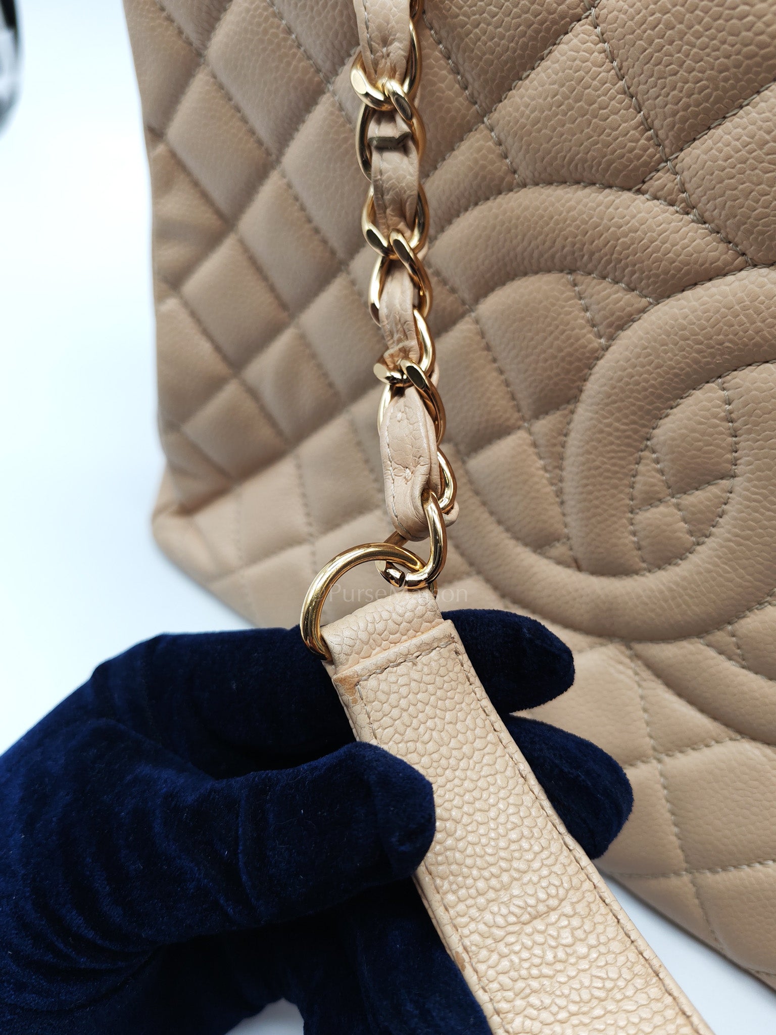 Grand Shopping Tote (GST) in Biege Quilted Caviar Leather & Gold Hardware Series 18