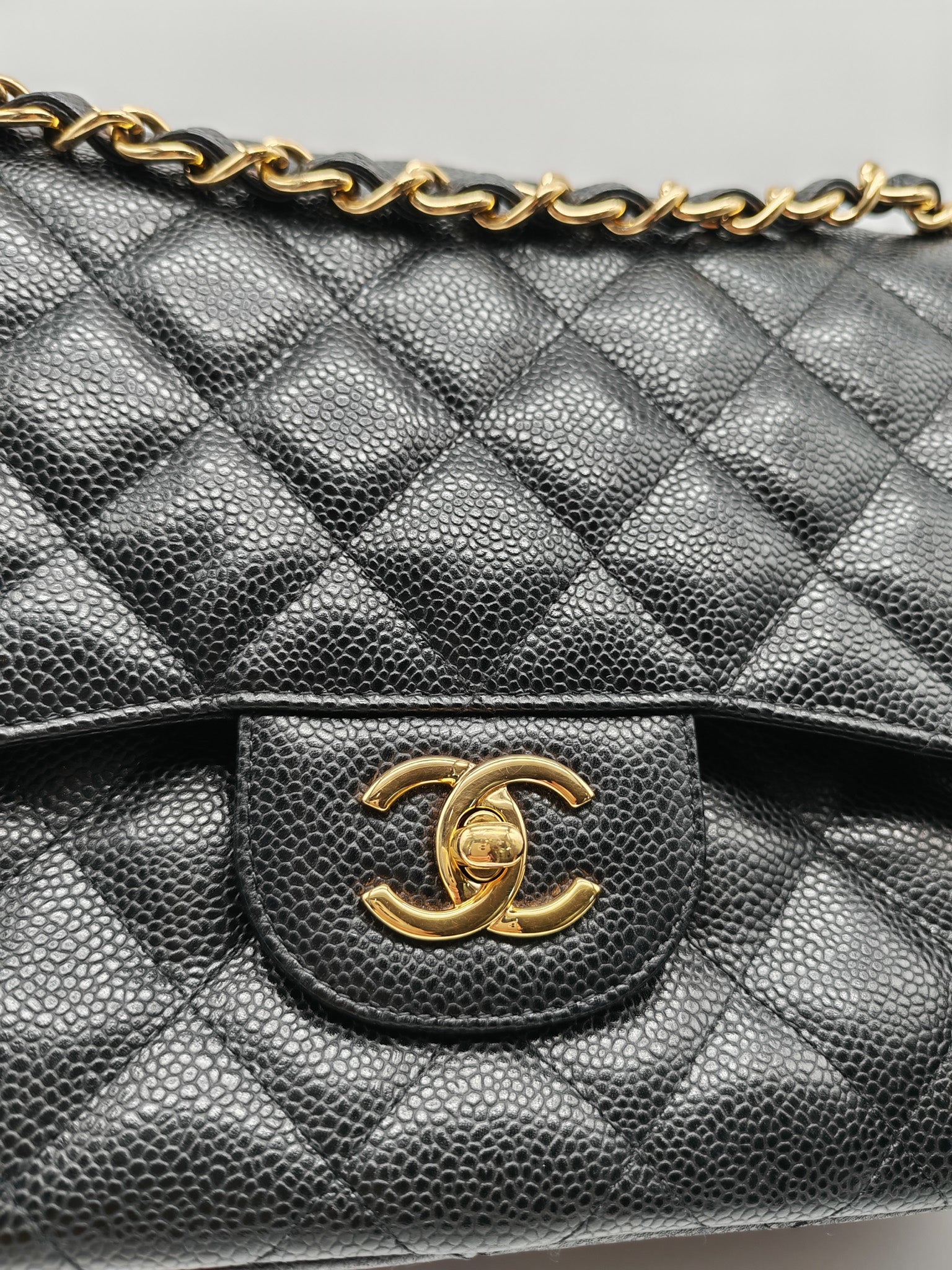 Classic Double Flap Jumbo In Black Quilted Caviar Leather & Gold Hardware Series 22