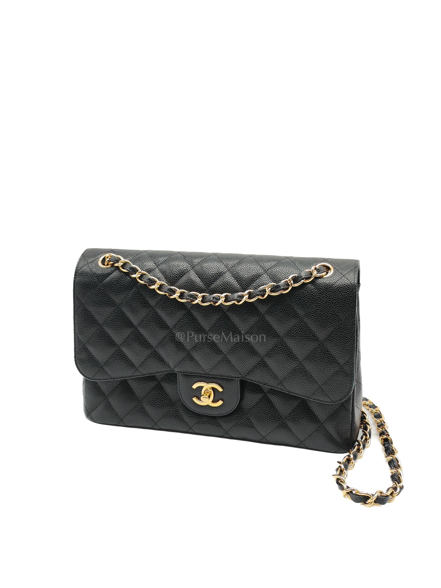 Classic Double Flap Jumbo In Black Quilted Caviar Leather & Gold Hardware Series 22