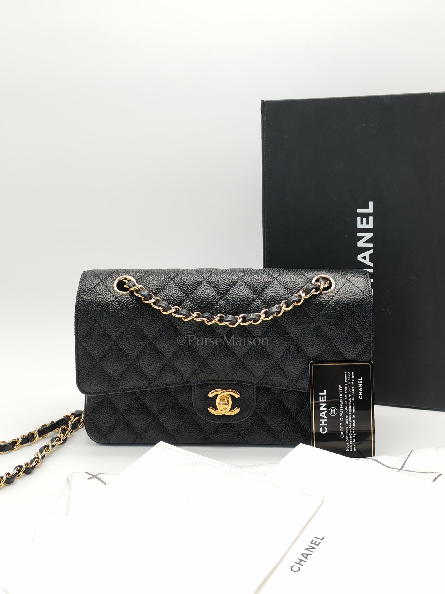 Classic Double Flap Medium in Black Quilted Caviar Leather and Gold Hardware Series 28